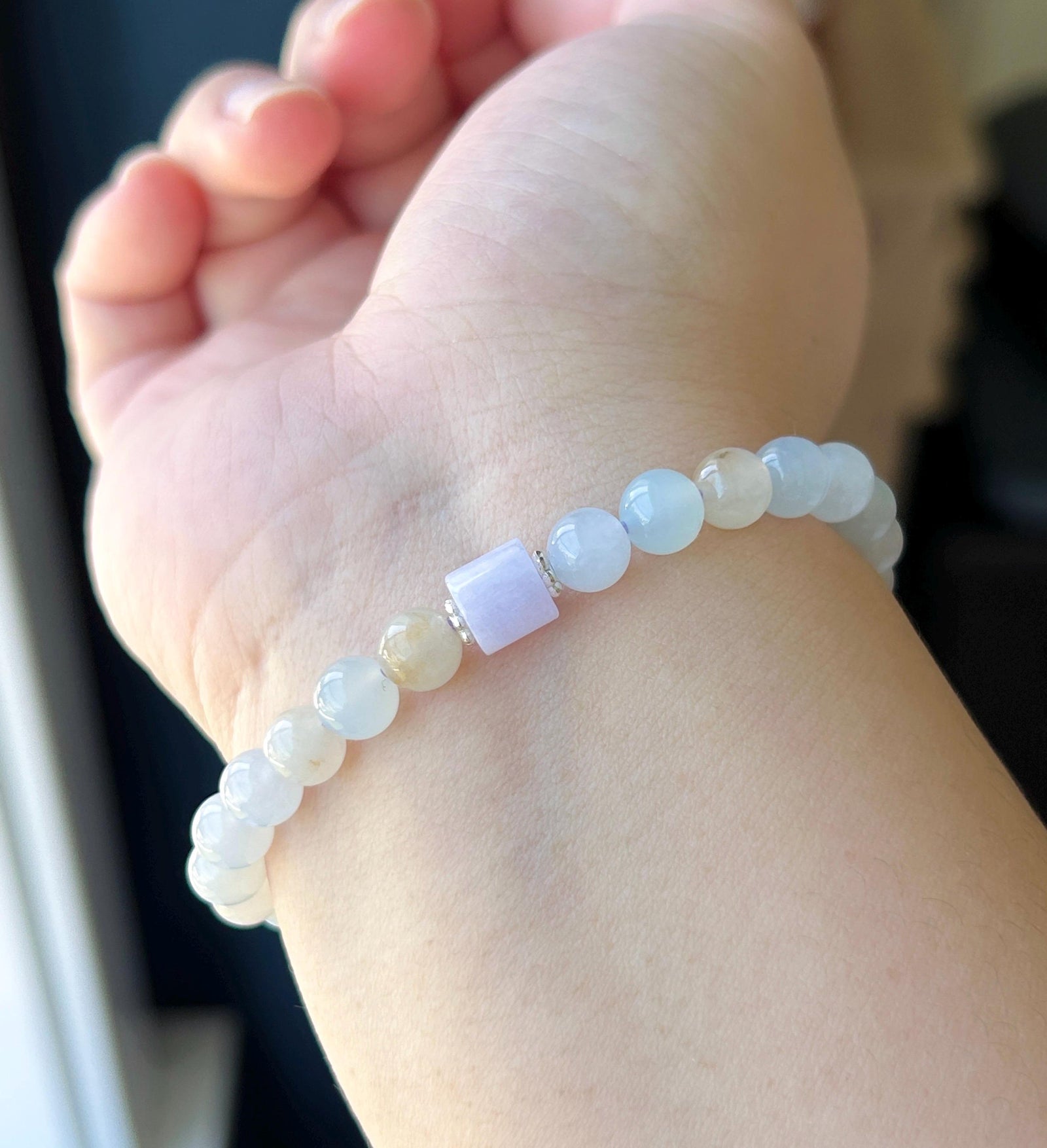Natural Jadeite Bracelet, Burmese Type A Highly Translucent Icy Macaron Multicolor - Pale Blue, Lavender, Red Floral Jade Beads, 6.8mm
