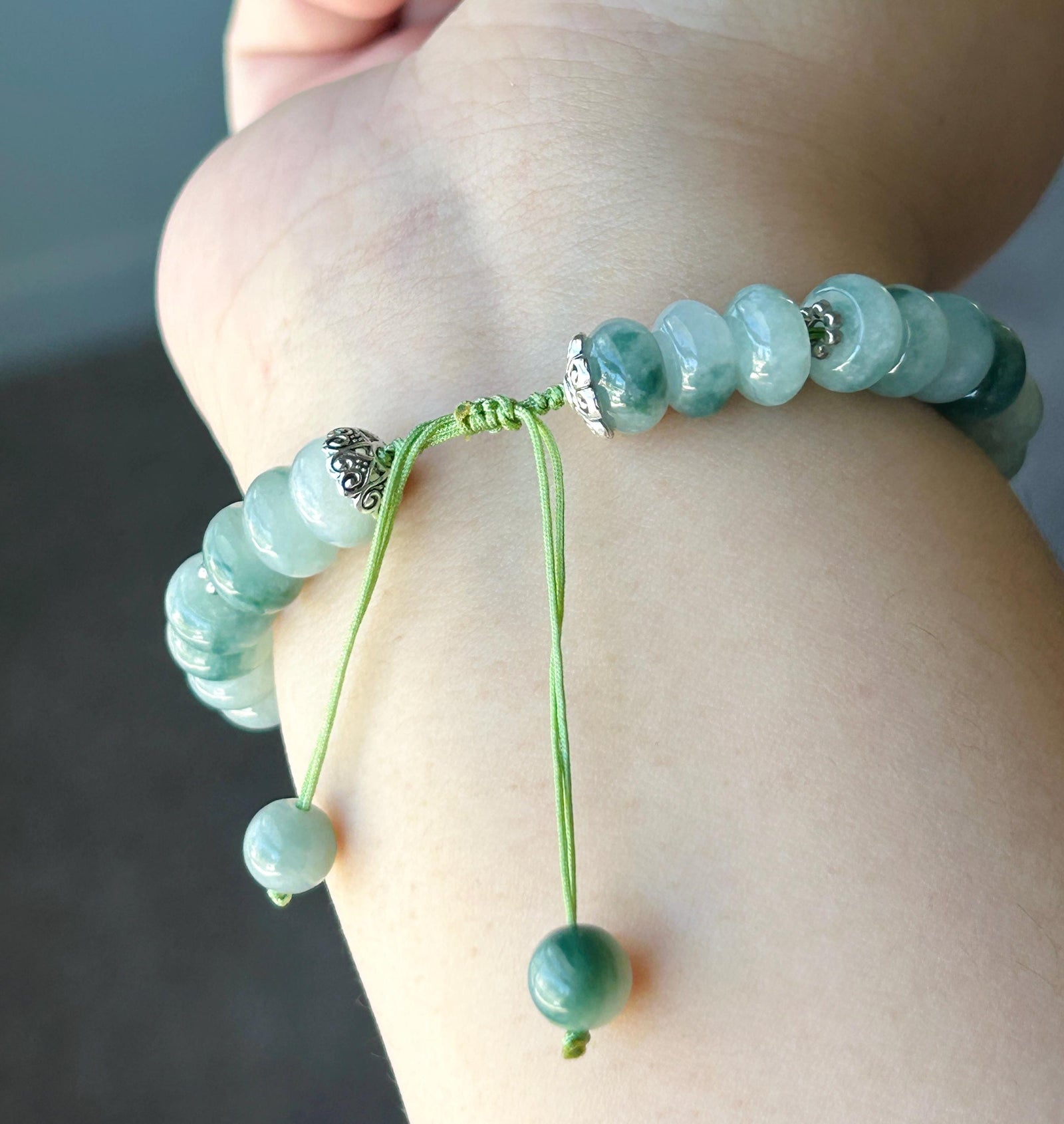 Natural Jadeite Plaque Handwoven Bracelet| Burmese Type A Untreated Icy Translucent White Based Blue Floral Jade Beads, 9mm