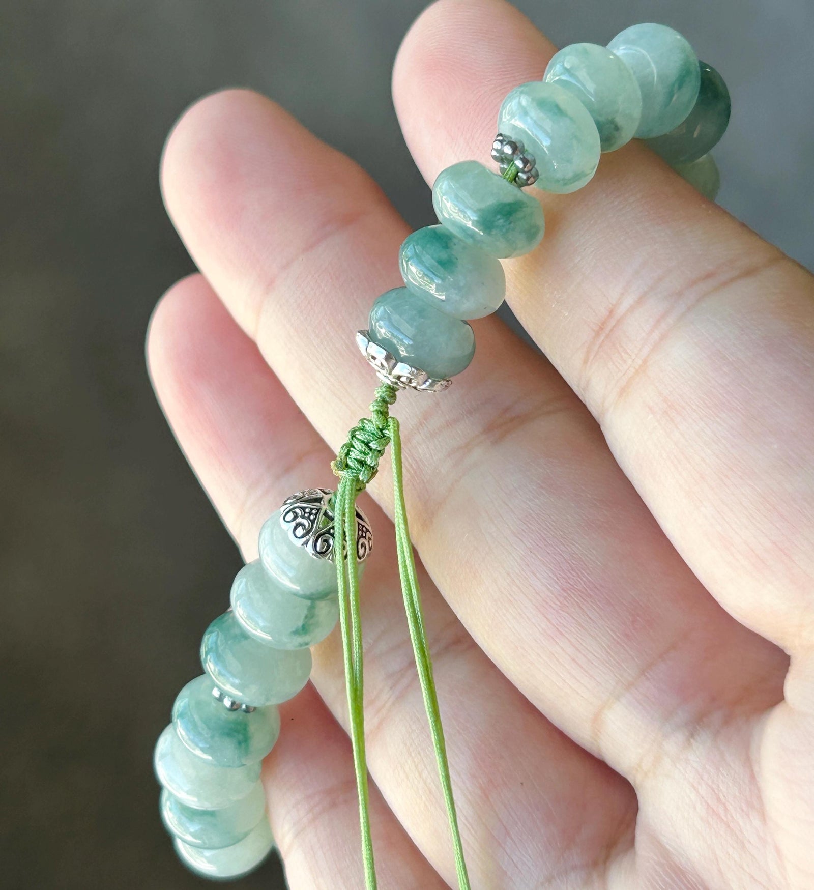 Natural Jadeite Plaque Handwoven Bracelet| Burmese Type A Untreated Icy Translucent White Based Blue Floral Jade Beads, 9mm