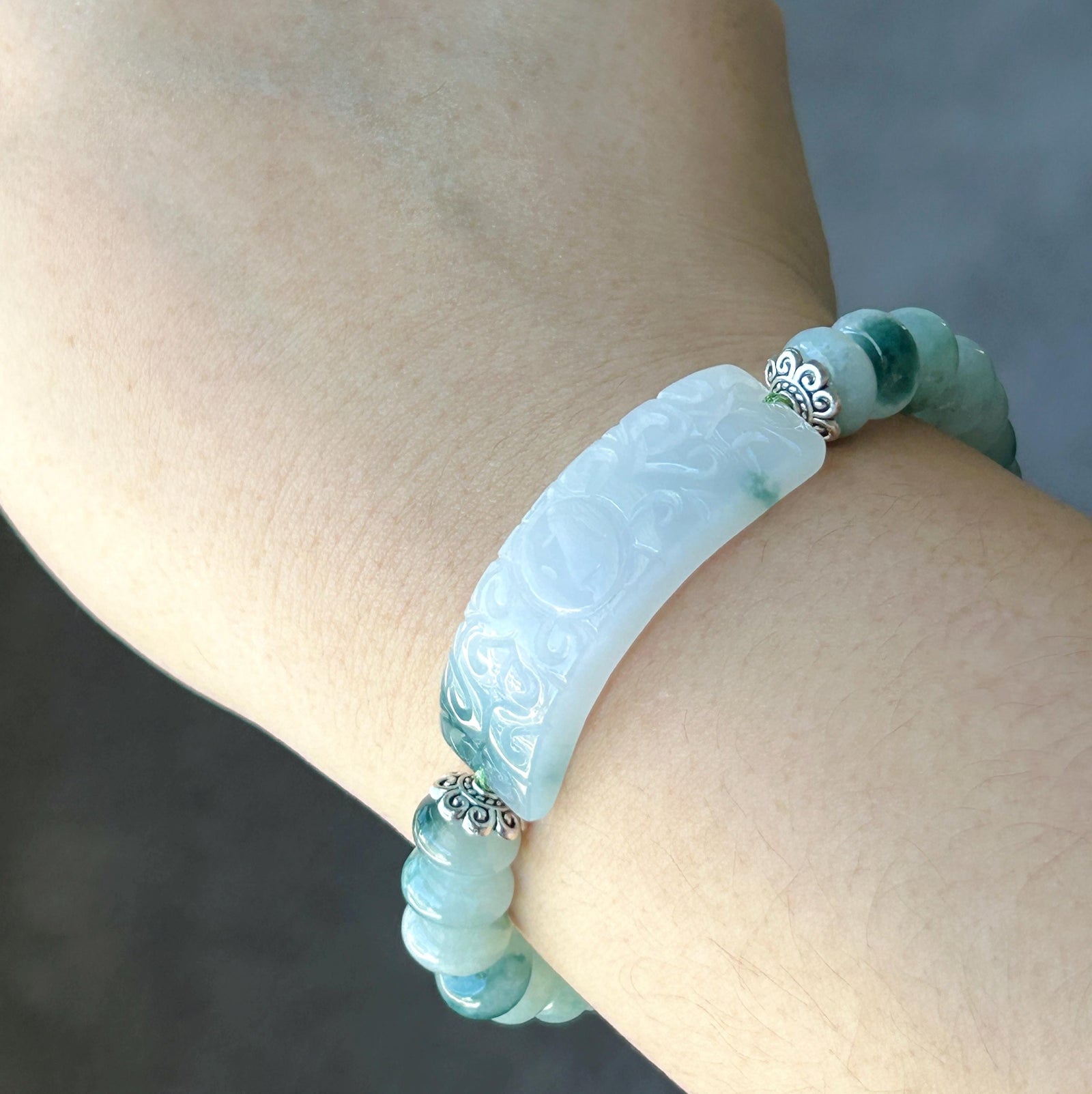 Natural Jadeite Plaque Handwoven Bracelet| Burmese Type A Untreated Icy Translucent White Based Blue Floral Jade Beads, 9mm