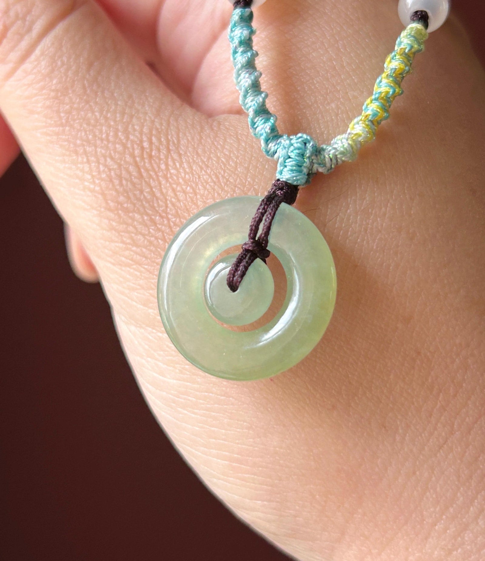 Natural Jadeite Mother & Child Donut Pendant Handwoven Necklace Burmese Type A Icy Blue/Yellow Jade| Mother’s Day Gift