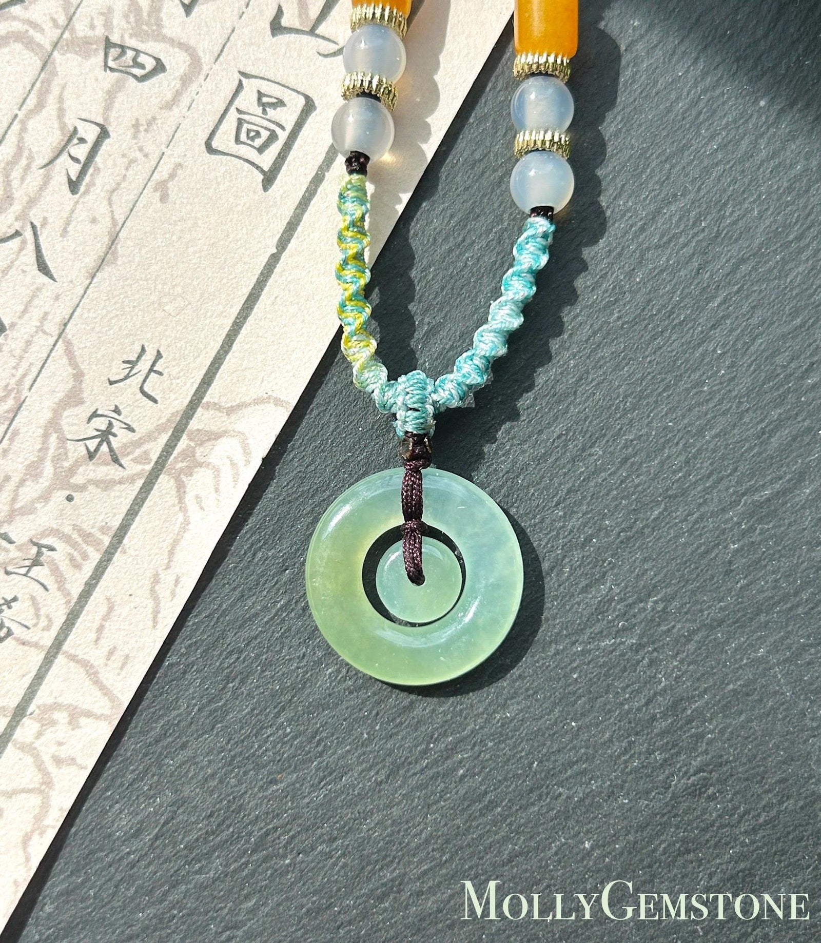 Natural Jadeite Mother & Child Donut Pendant Handwoven Necklace Burmese Type A Icy Blue/Yellow Jade| Mother’s Day Gift