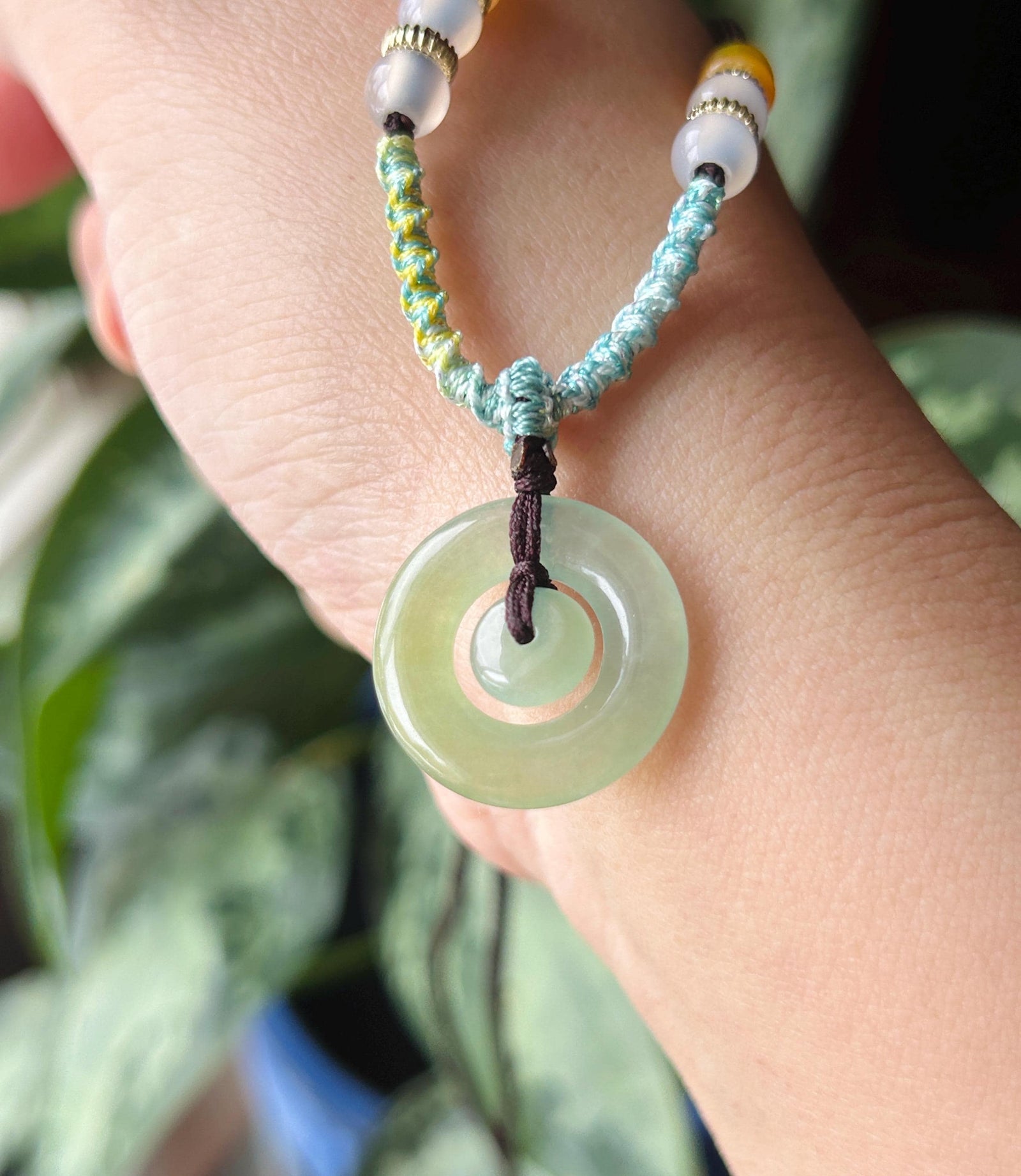 Natural Jadeite Mother & Child Donut Pendant Handwoven Necklace Burmese Type A Icy Blue/Yellow Jade| Mother’s Day Gift