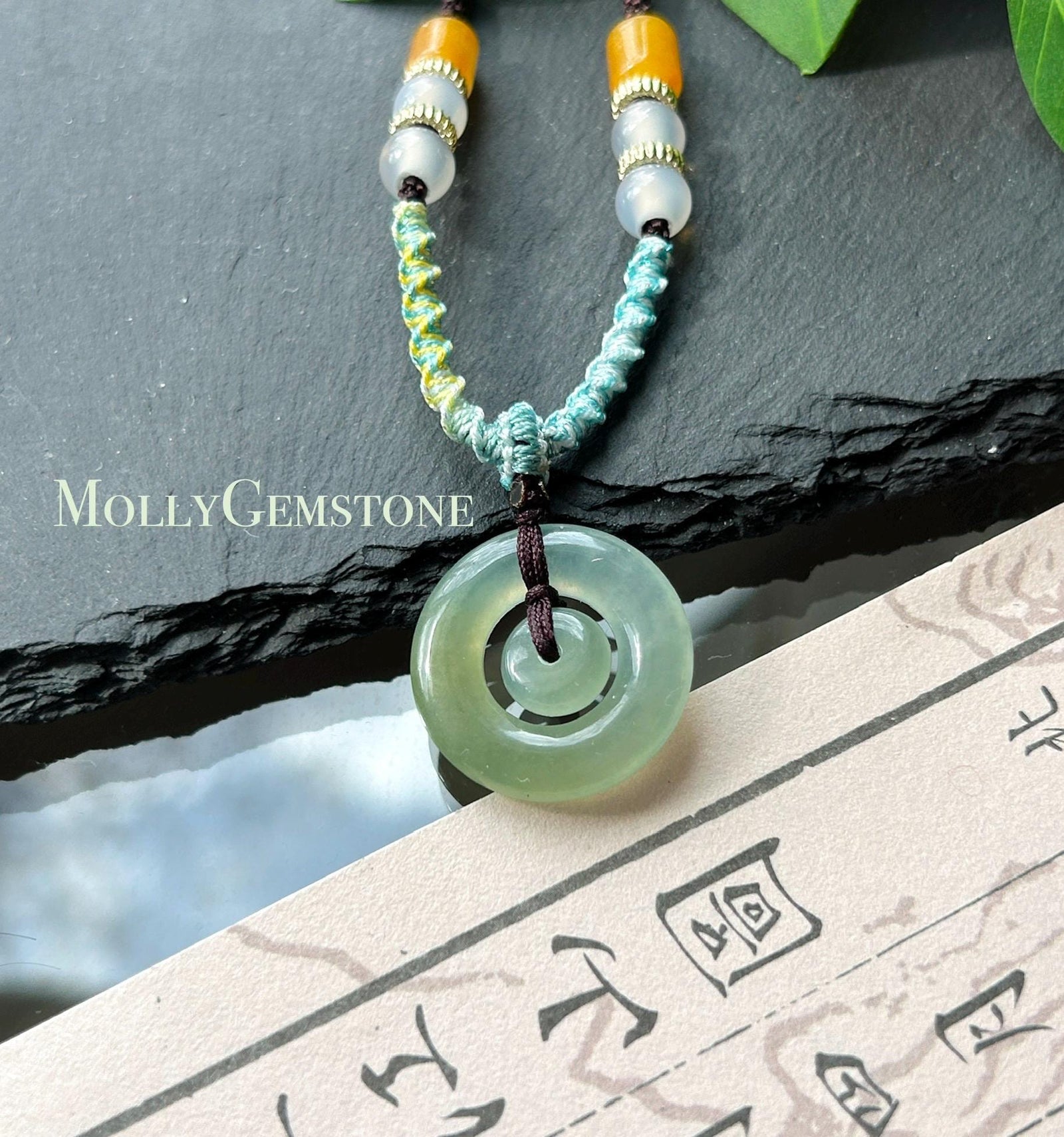 Natural Jadeite Mother & Child Donut Pendant Handwoven Necklace Burmese Type A Icy Blue/Yellow Jade| Mother’s Day Gift