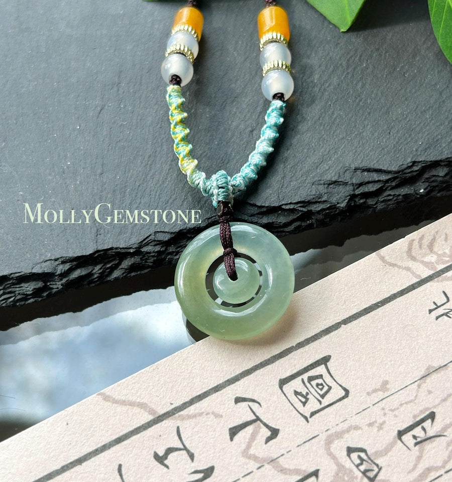 Natural Jadeite Mother & Child Donut Pendant Handwoven Necklace Burmese Type A Icy Blue/Yellow Jade| Mother’s Day Gift