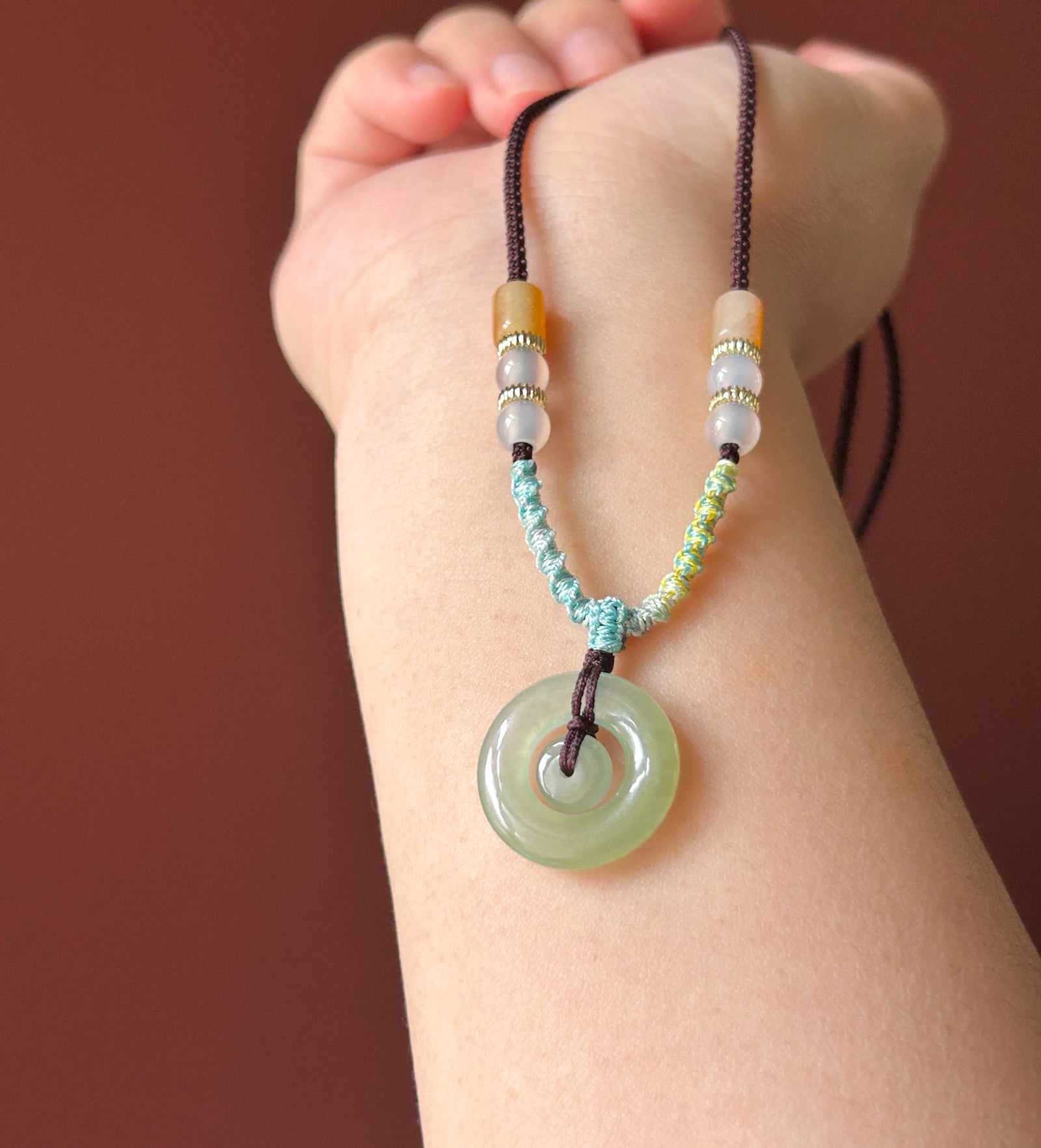 Natural Jadeite Mother & Child Donut Pendant Handwoven Necklace Burmese Type A Icy Blue/Yellow Jade| Mother’s Day Gift
