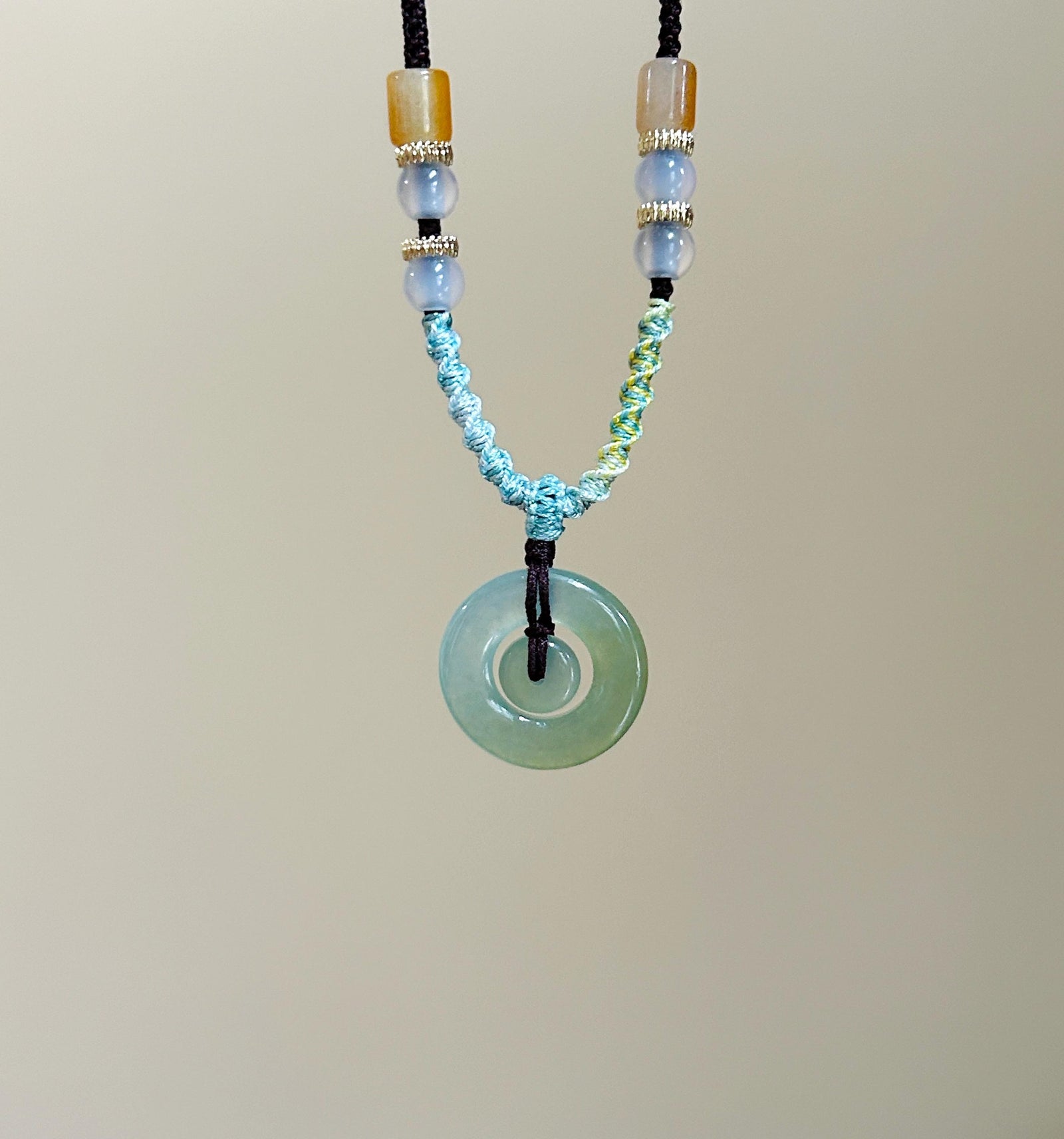 Natural Jadeite Mother & Child Donut Pendant Handwoven Necklace Burmese Type A Icy Blue/Yellow Jade| Mother’s Day Gift