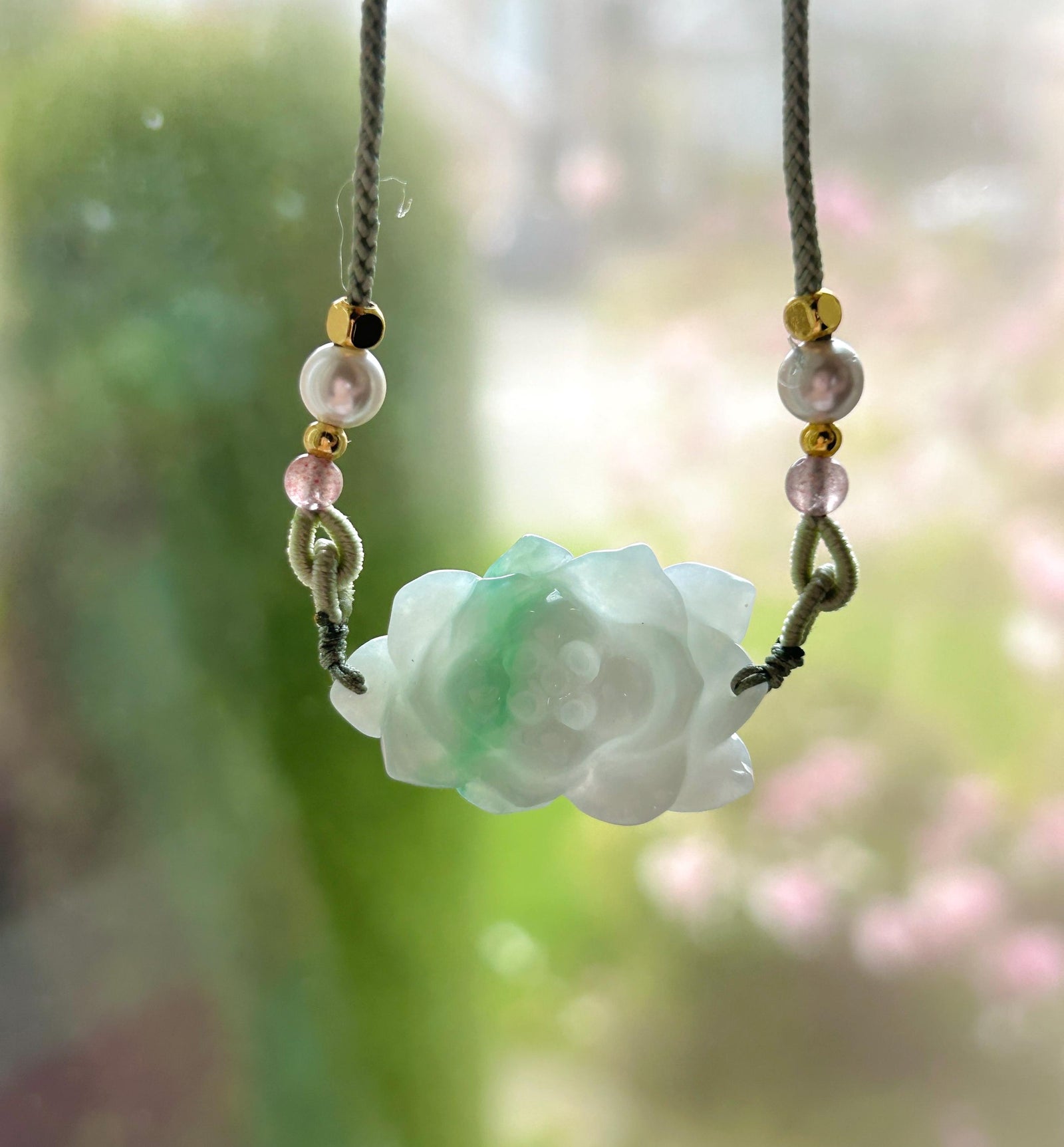 Certified Natural Jadeite Lotus Pendant Minimalist Jewelry Burmese Type A Icy White & Green Floral Jade, Adjustable Cord