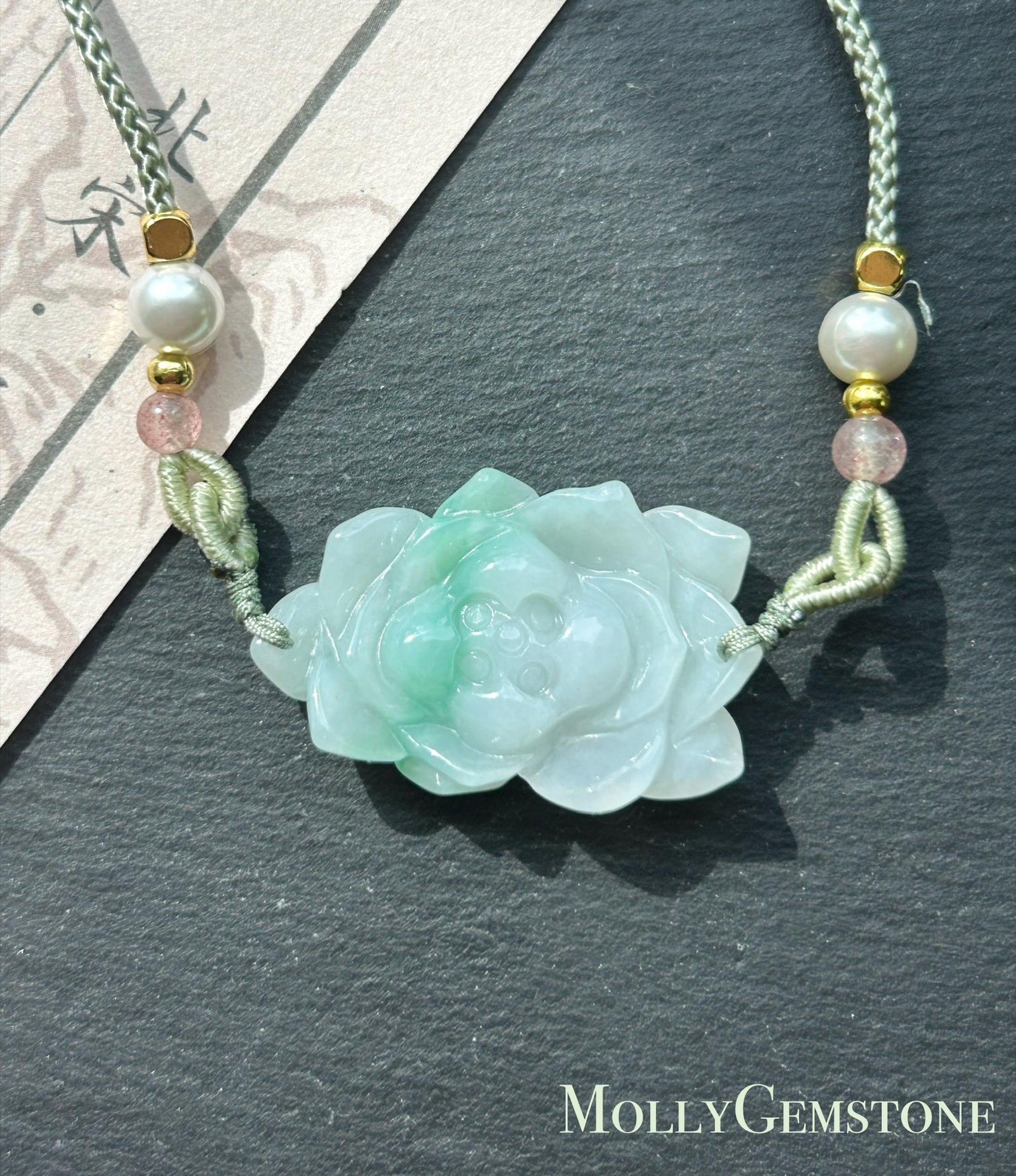 Certified Natural Jadeite Lotus Pendant Minimalist Jewelry Burmese Type A Icy White & Green Floral Jade, Adjustable Cord