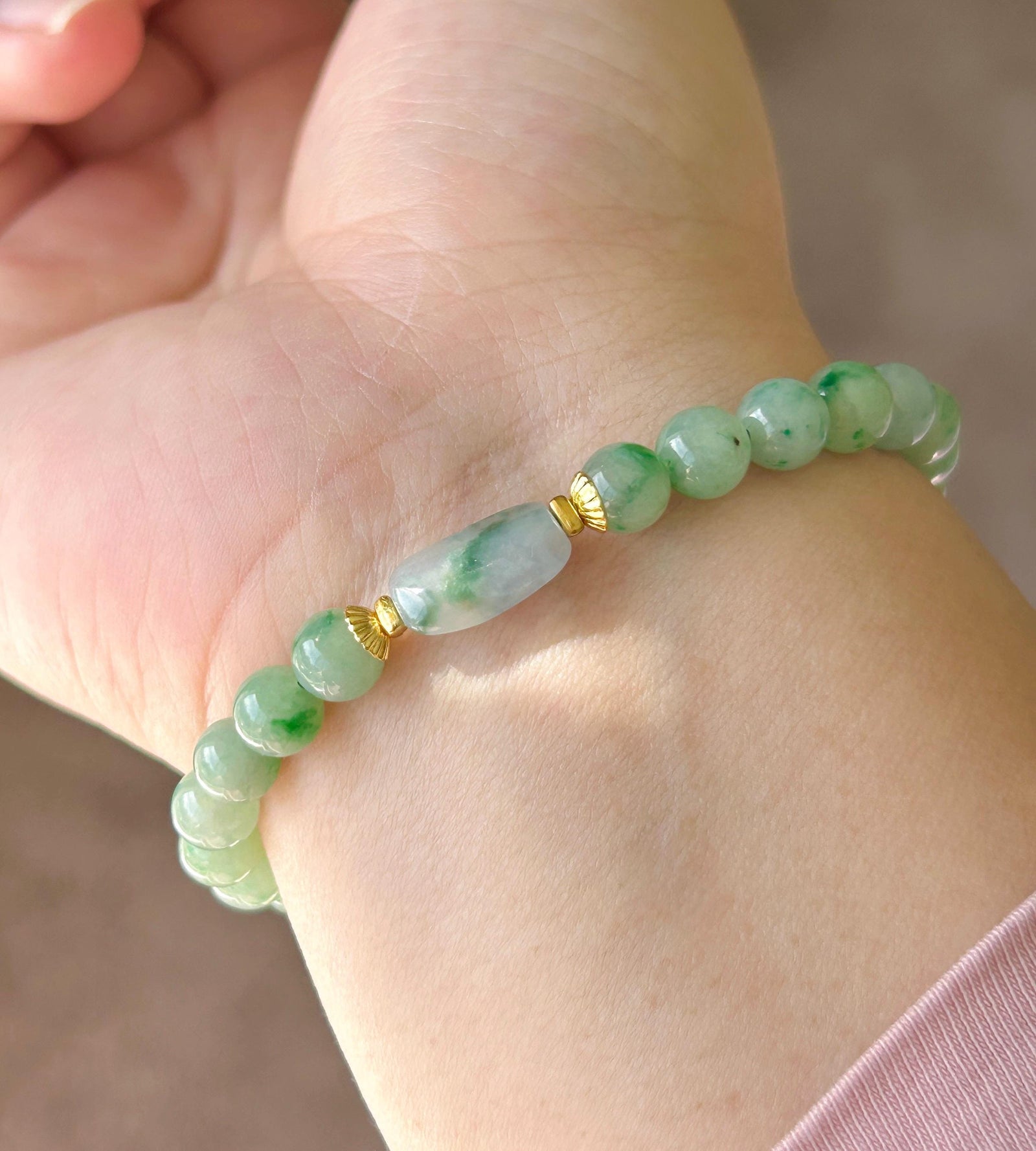 Natural Jadeite Beaded Bracelet, Burmese Type A Icy Translucent Green Floral with Monet Garden Lavender Focal Bead, 6.5mm