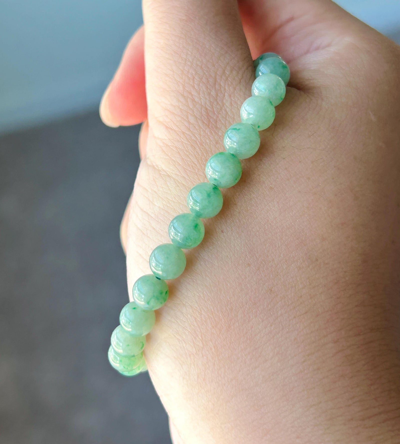 Natural Jadeite Beaded Bracelet, Burmese Type A Icy Translucent Green Floral with Monet Garden Lavender Focal Bead, 6.5mm