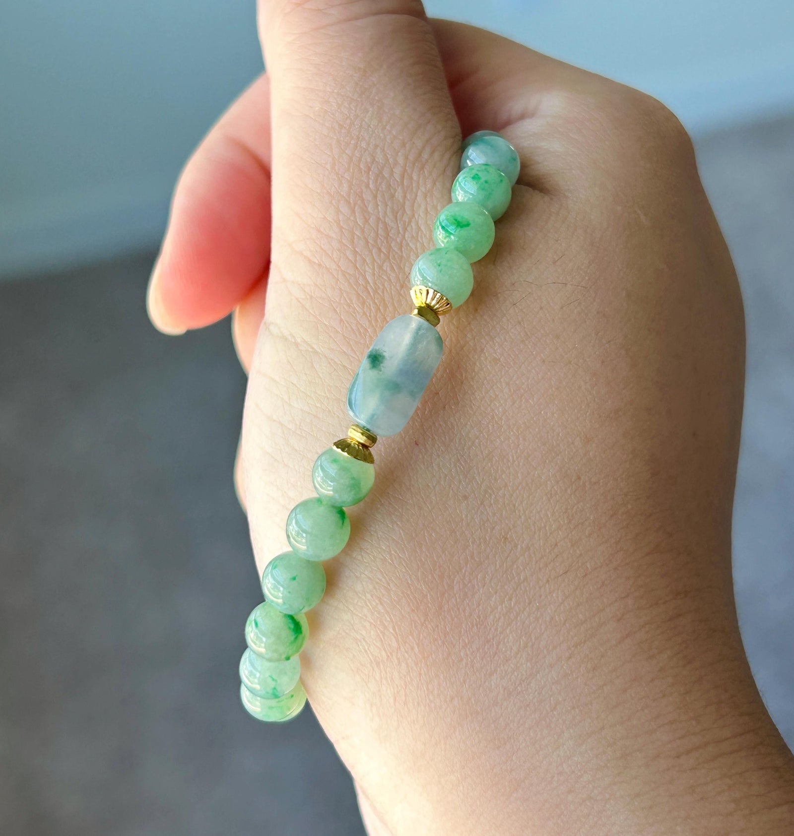 Natural Jadeite Beaded Bracelet, Burmese Type A Icy Translucent Green Floral with Monet Garden Lavender Focal Bead, 6.5mm