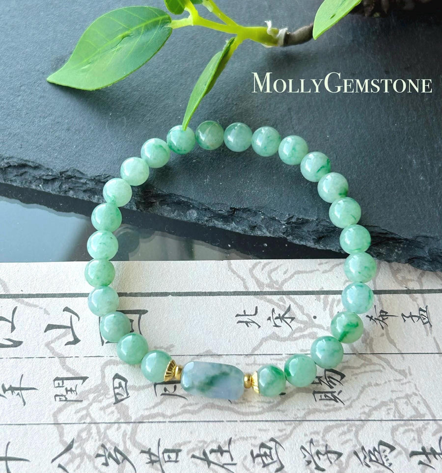 Natural Jadeite Beaded Bracelet, Burmese Type A Icy Translucent Green Floral with Monet Garden Lavender Focal Bead, 6.5mm