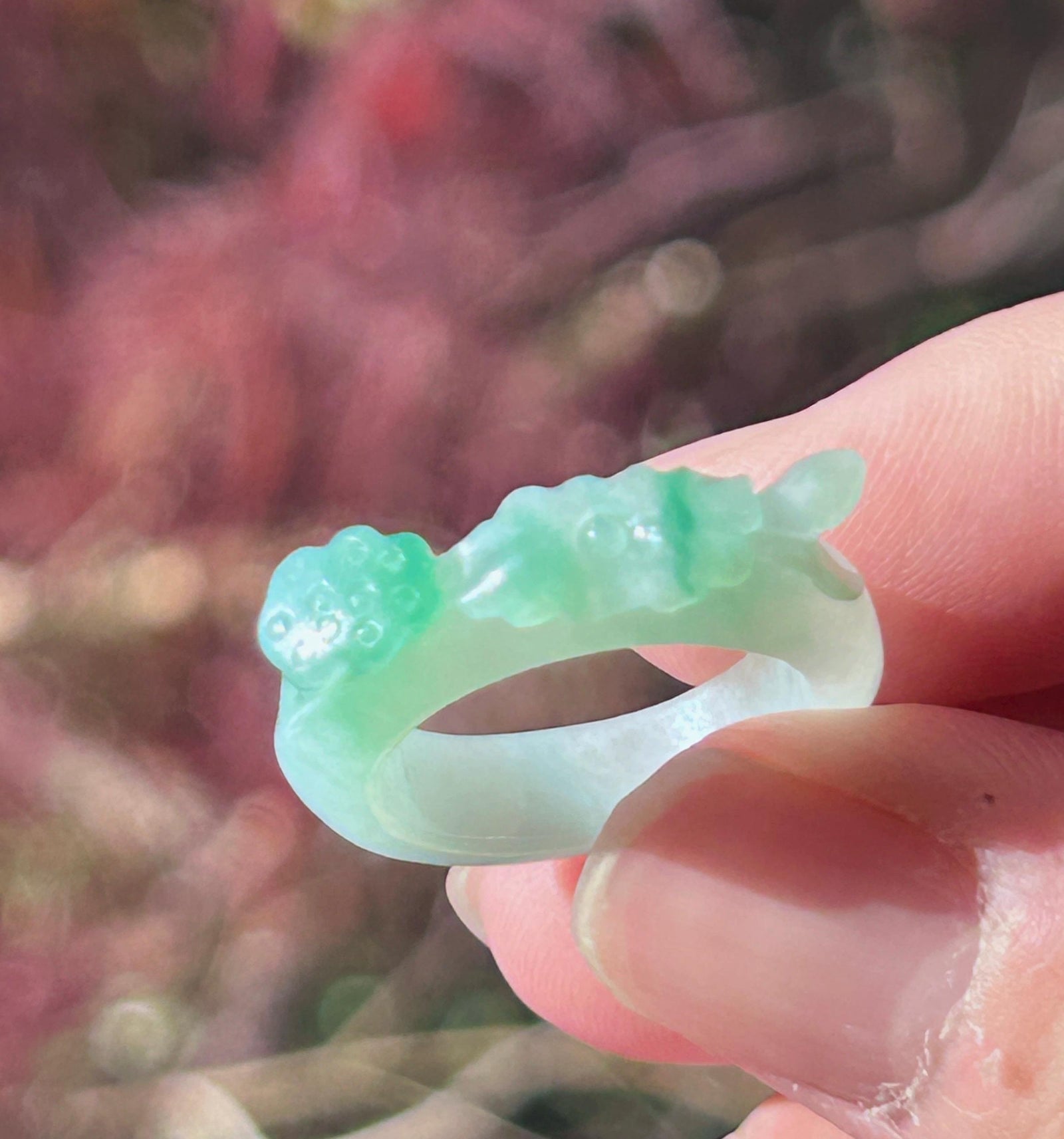 Certified Natural Jadeite Carved Lotus Ring, Type A Burmese Icy Translucent White Based Green Floral Jade Band| Moss in Snow| US Size 6