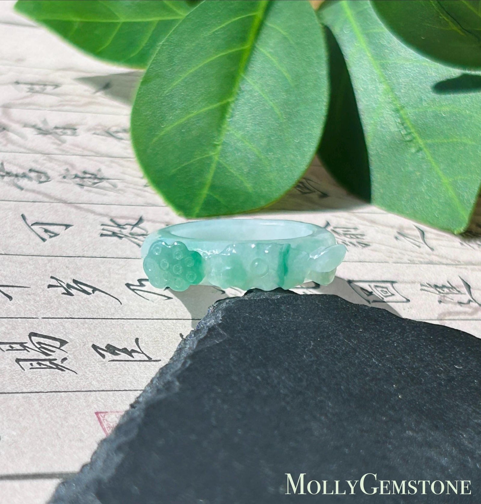 Certified Natural Jadeite Carved Lotus Ring, Type A Burmese Icy Translucent White Based Green Floral Jade Band| Moss in Snow| US Size 6