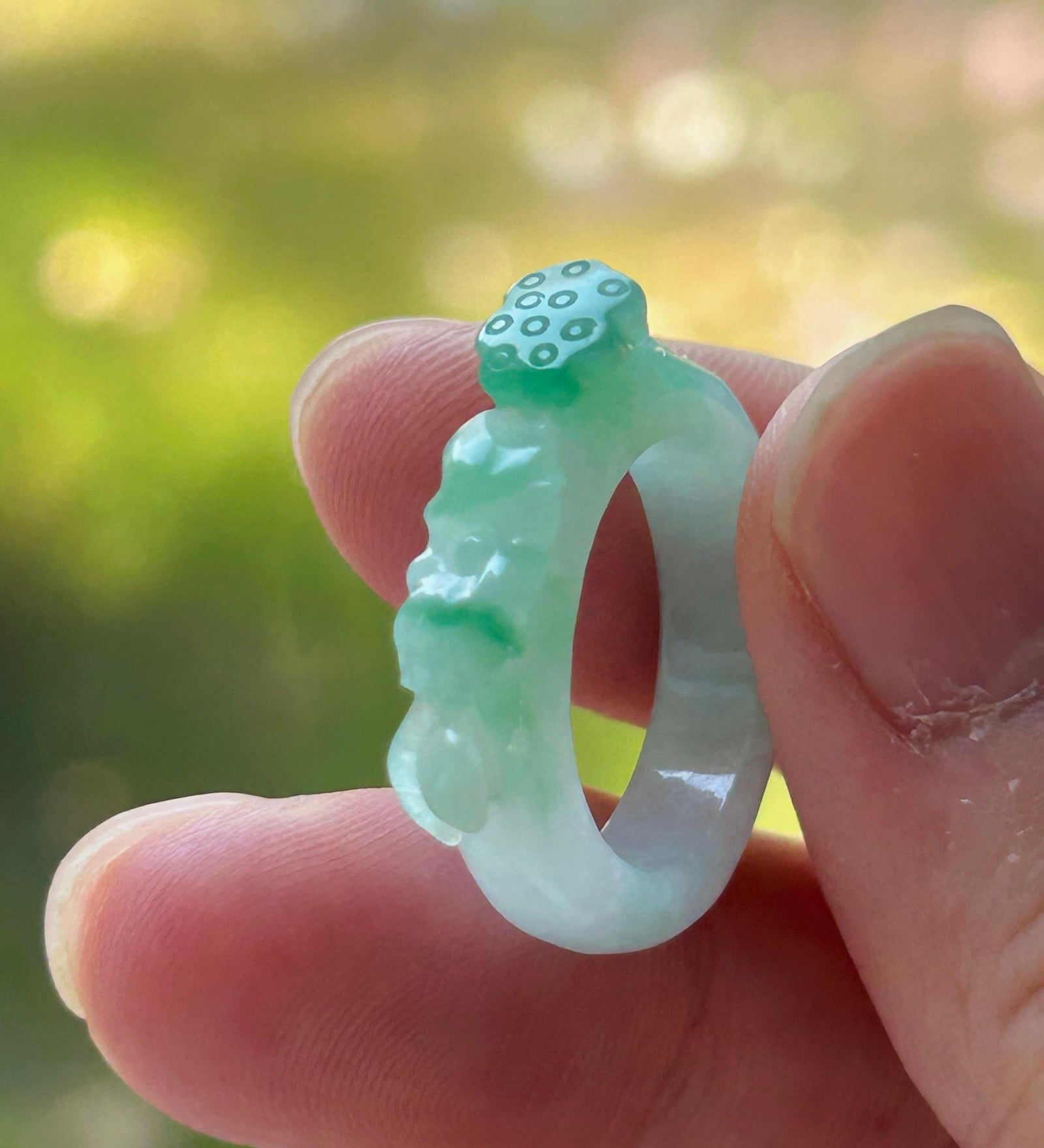 Certified Natural Jadeite Carved Lotus Ring, Type A Burmese Icy Translucent White Based Green Floral Jade Band| Moss in Snow| US Size 6
