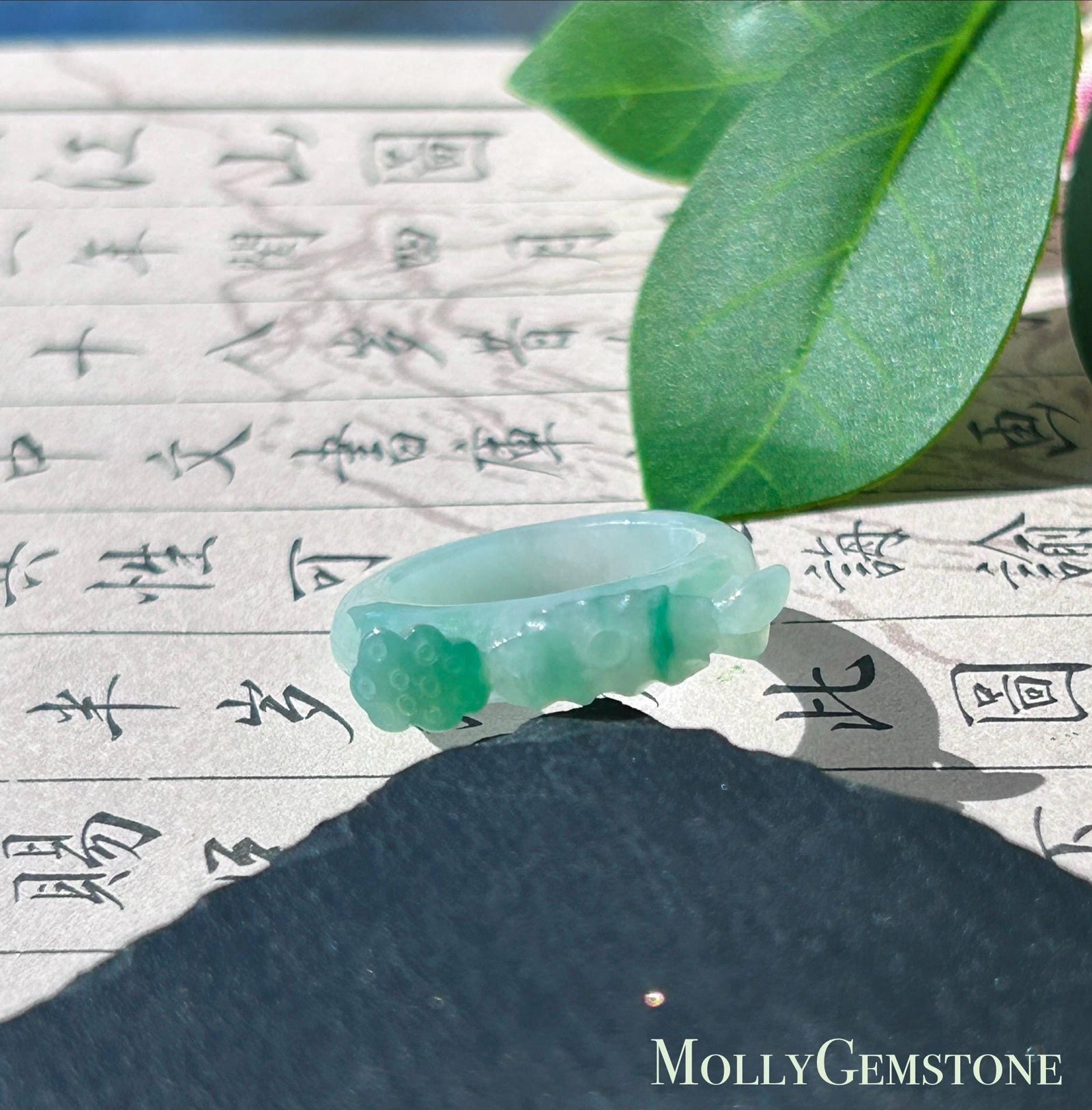 Certified Natural Jadeite Carved Lotus Ring, Type A Burmese Icy Translucent White Based Green Floral Jade Band| Moss in Snow| US Size 6