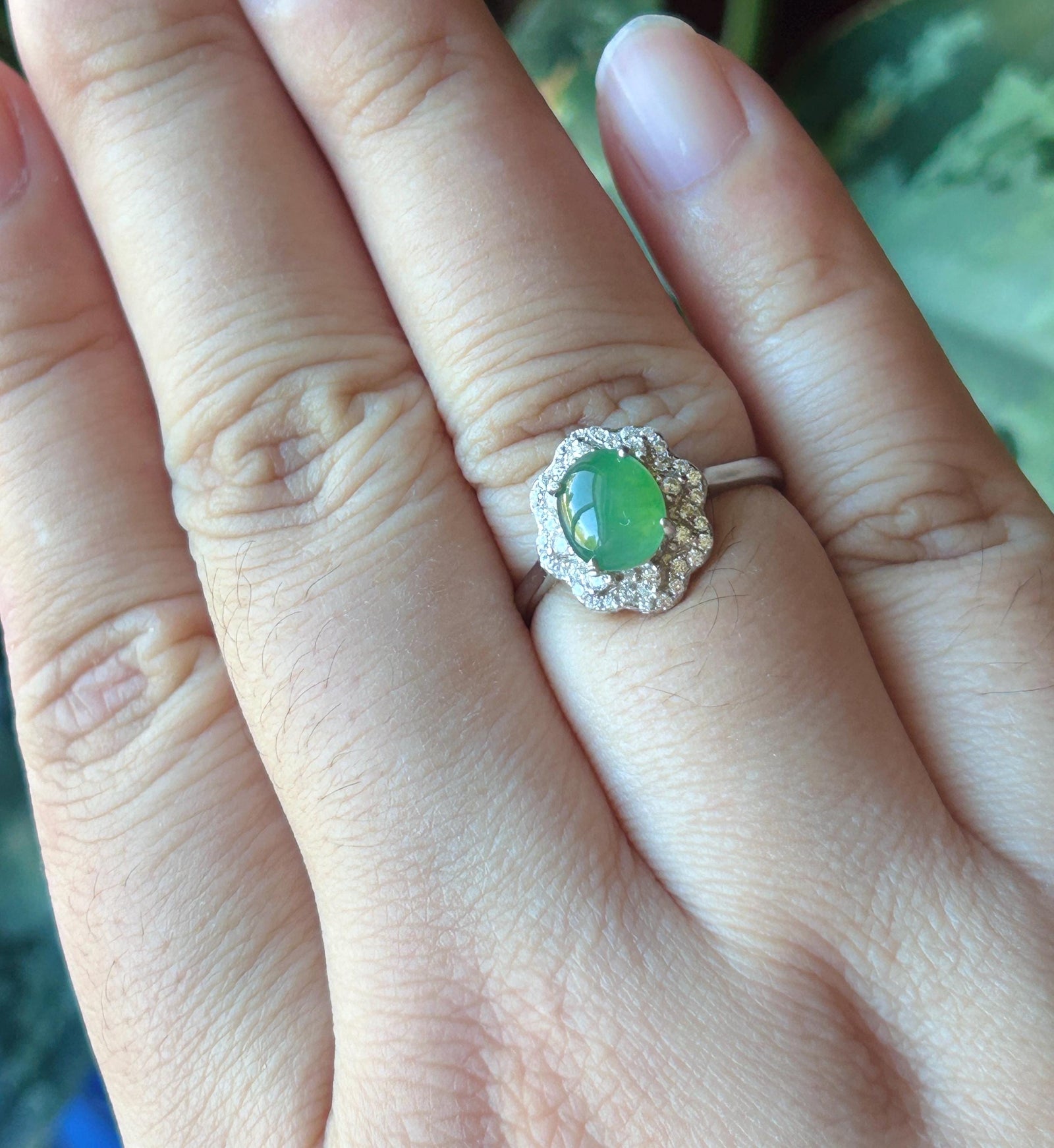 Certified Natural Jadeite Oval Cabochon Ring Burmese Type A fine glutinous Vivid Apple Green Jade | Sterling Silver| Adjustable Size