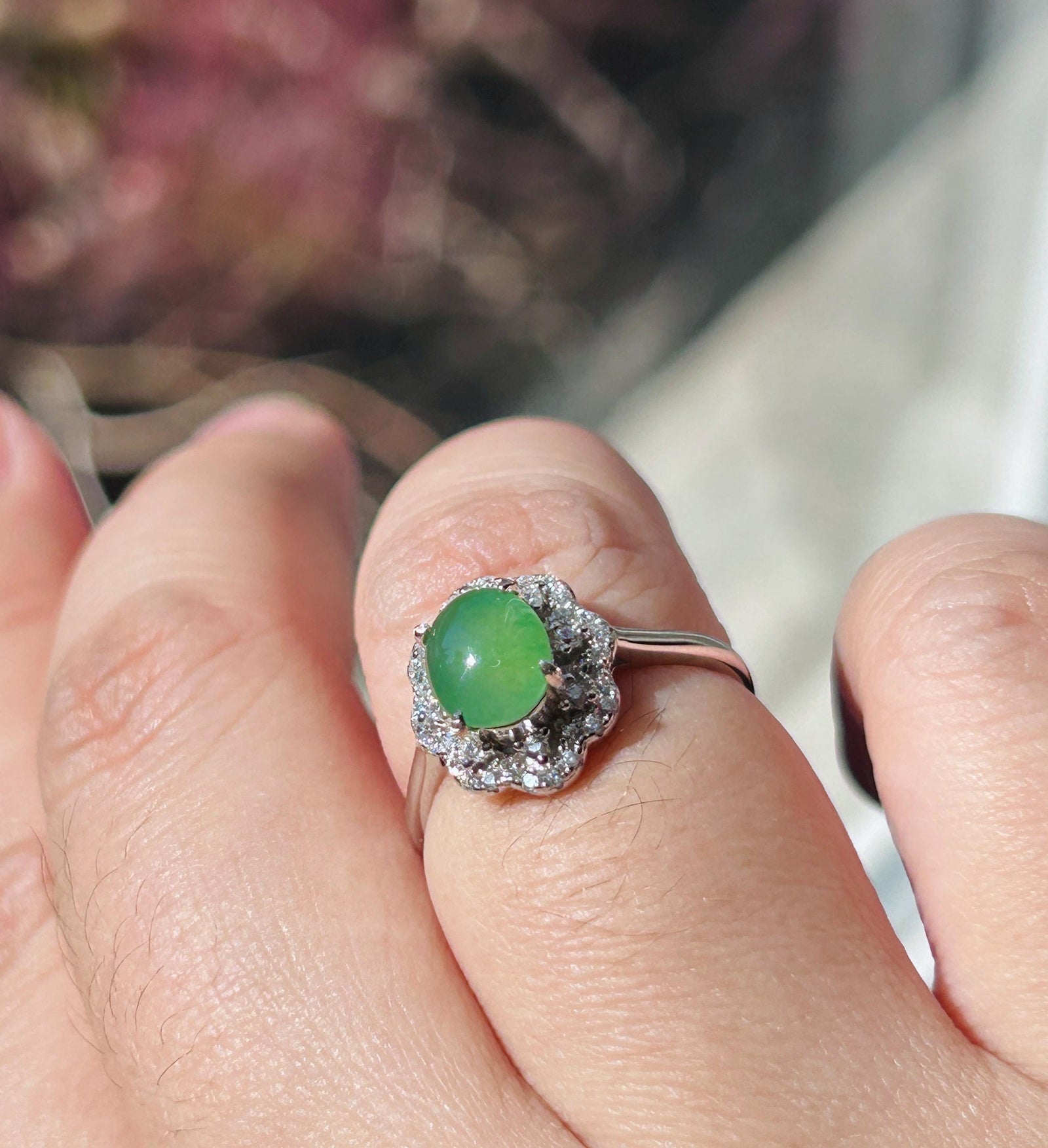 Certified Natural Jadeite Oval Cabochon Ring Burmese Type A fine glutinous Vivid Apple Green Jade | Sterling Silver| Adjustable Size
