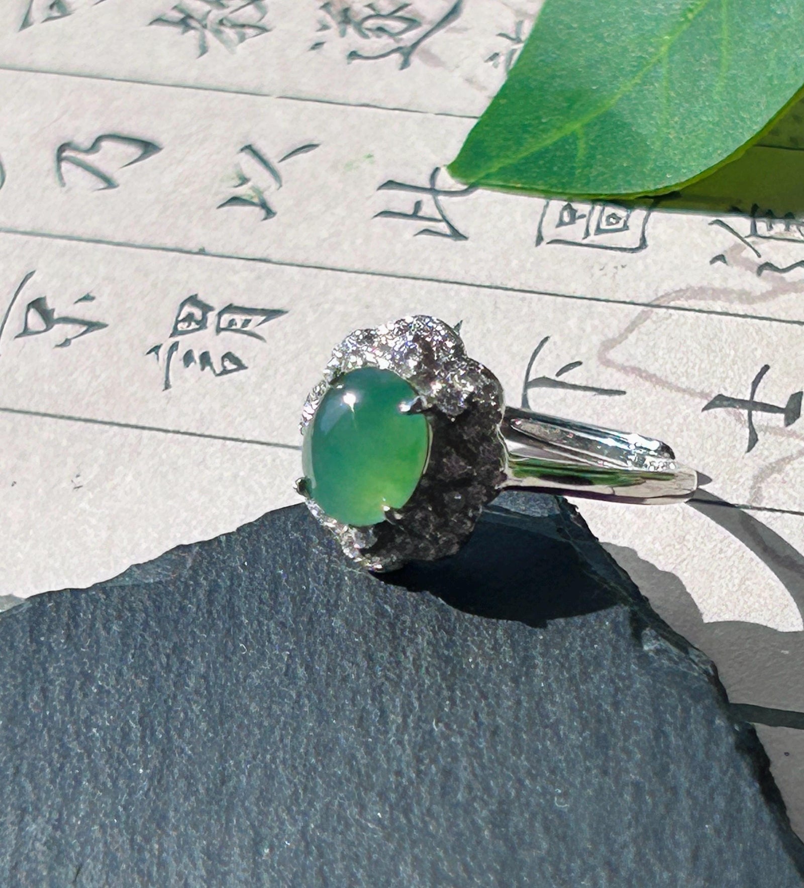 Certified Natural Jadeite Oval Cabochon Ring Burmese Type A fine glutinous Vivid Apple Green Jade | Sterling Silver| Adjustable Size