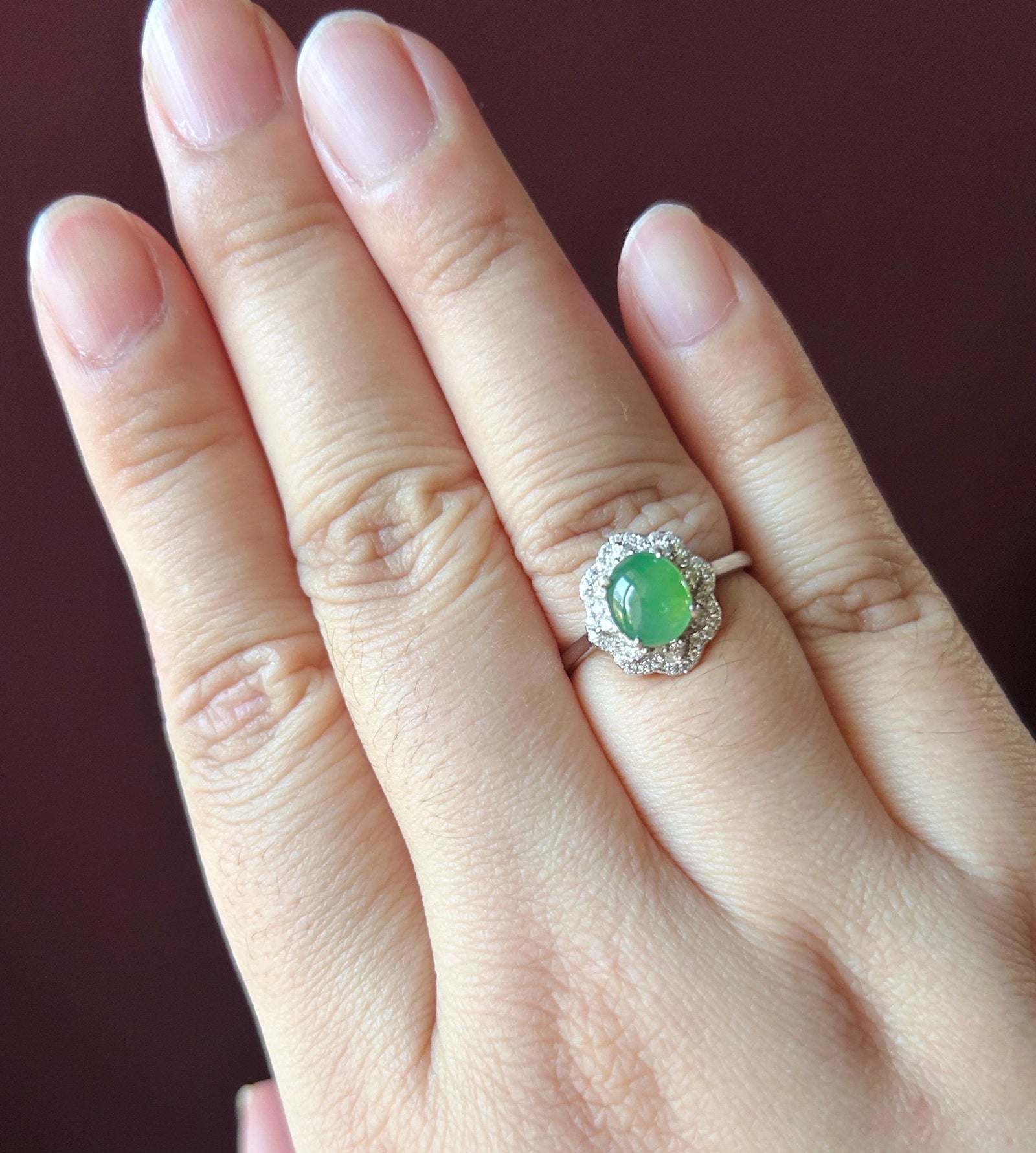 Certified Natural Jadeite Oval Cabochon Ring Burmese Type A fine glutinous Vivid Apple Green Jade | Sterling Silver| Adjustable Size