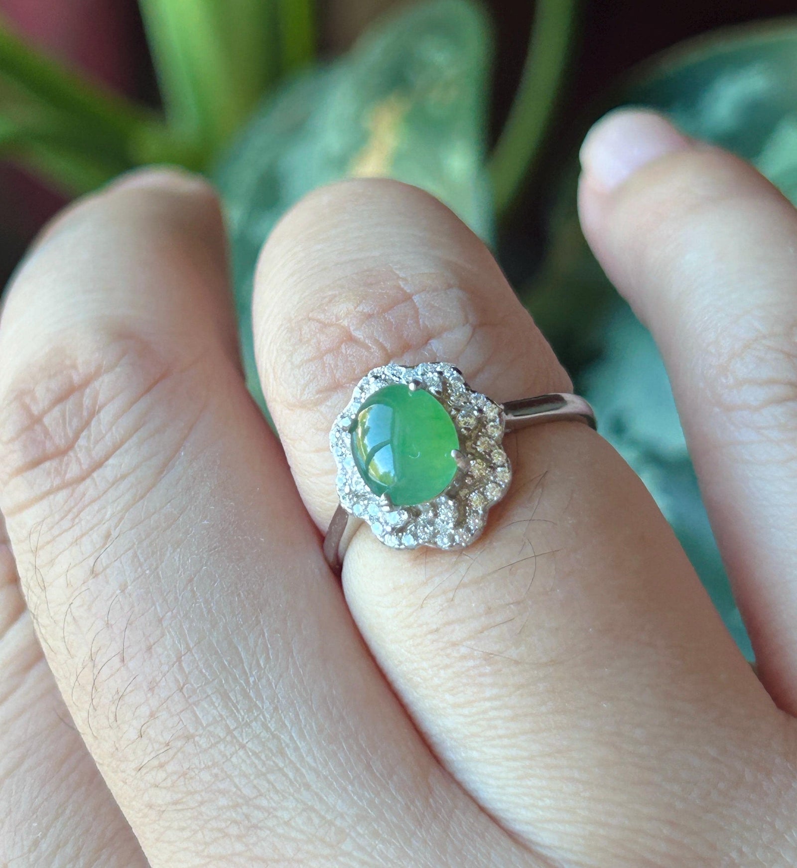 Certified Natural Jadeite Oval Cabochon Ring Burmese Type A fine glutinous Vivid Apple Green Jade | Sterling Silver| Adjustable Size