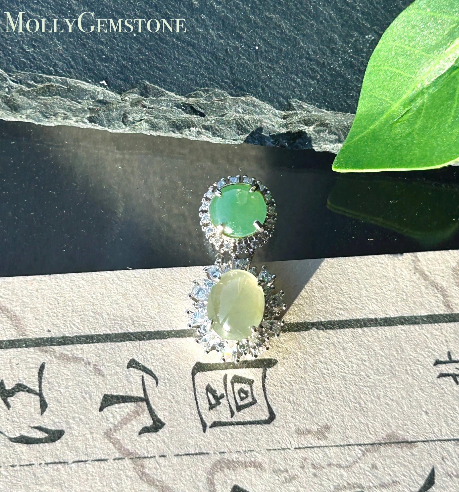 Certified Natural Jadeite Dual- Cabochon Pendant Burmese Type A Icy Translucent Apple Green & Pear Yellow Jade in Sterling Silver
