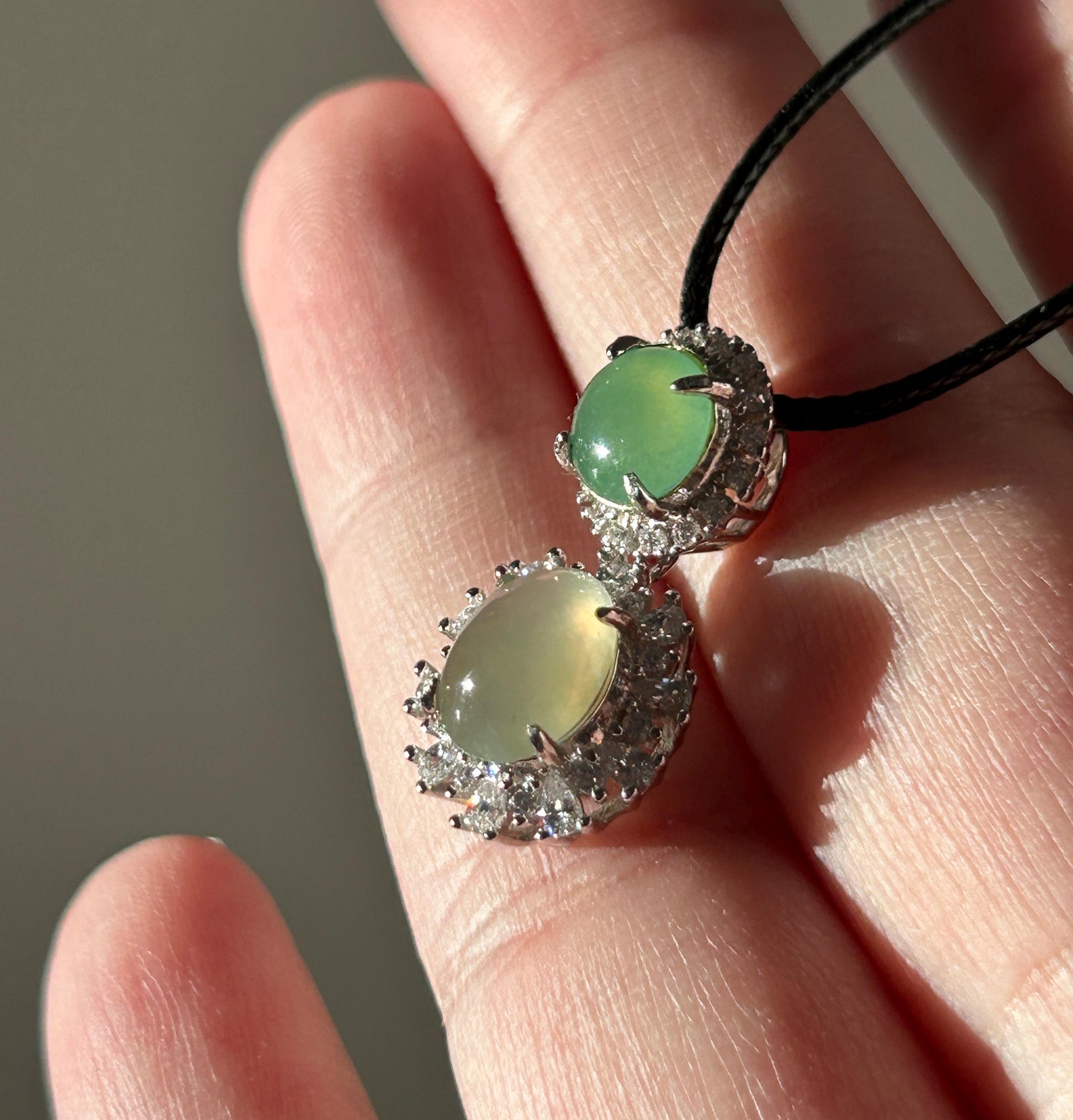 Certified Natural Jadeite Dual- Cabochon Pendant Burmese Type A Icy Translucent Apple Green & Pear Yellow Jade in Sterling Silver