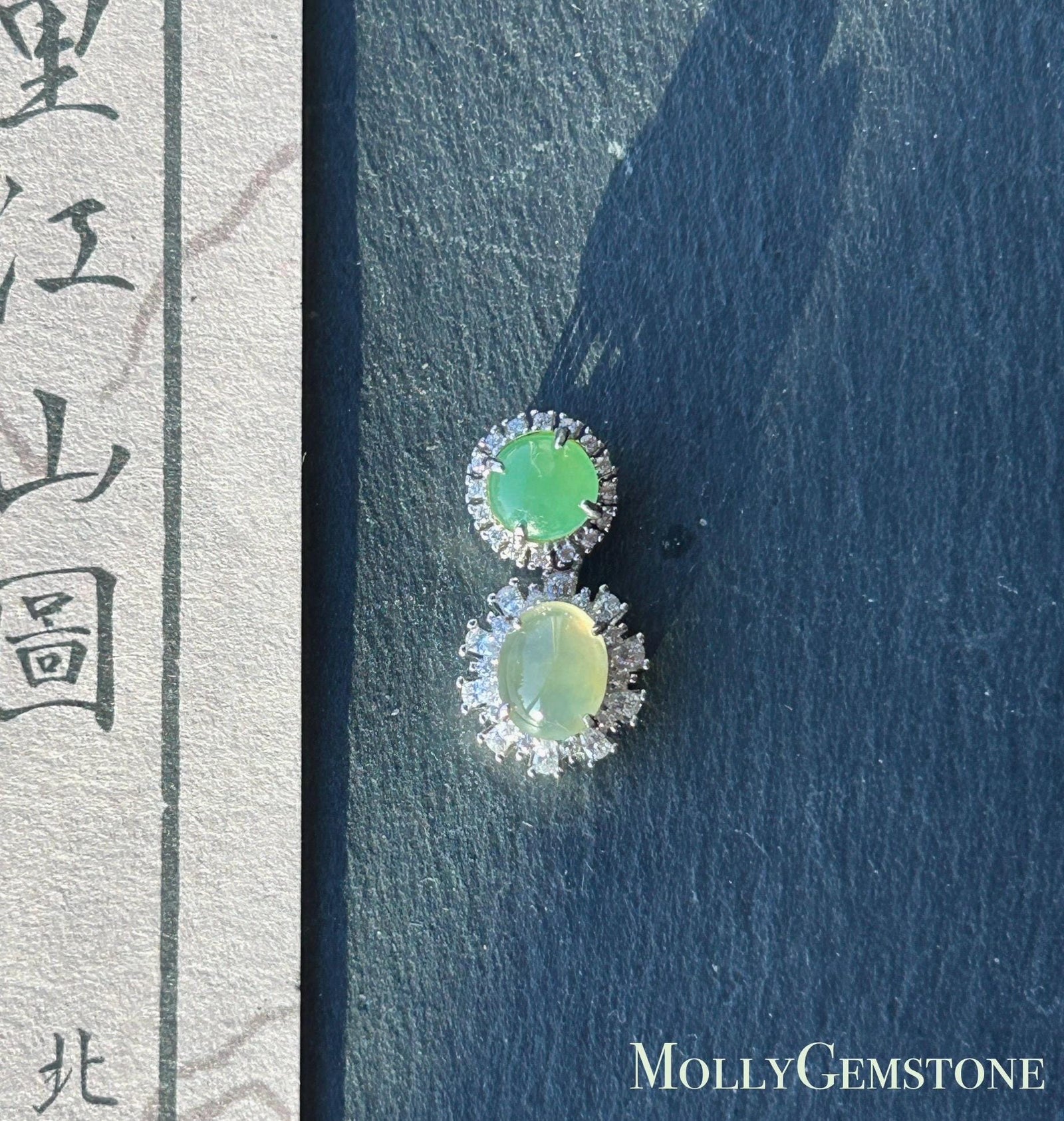 Certified Natural Jadeite Dual- Cabochon Pendant Burmese Type A Icy Translucent Apple Green & Pear Yellow Jade in Sterling Silver