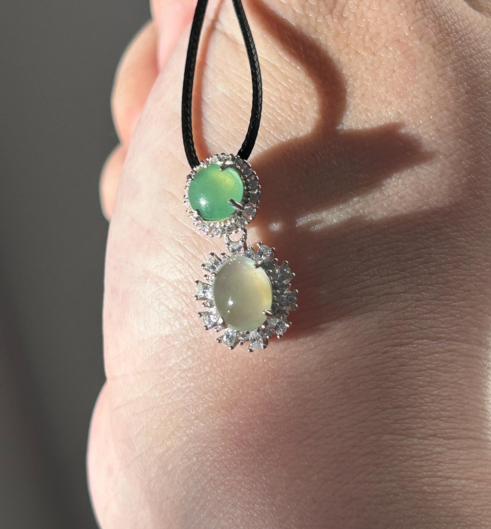Certified Natural Jadeite Dual- Cabochon Pendant Burmese Type A Icy Translucent Apple Green & Pear Yellow Jade in Sterling Silver