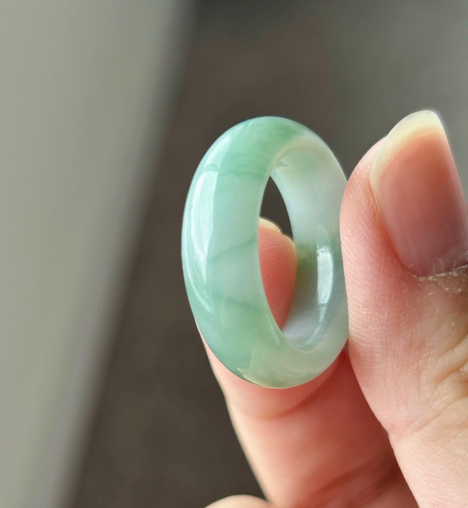 Certified Natural Jadeite Thick-Cut Ring Band – Burmese Type A Icy Translucent fine glutinous Teal Blue & Green Floral Jade, US 8