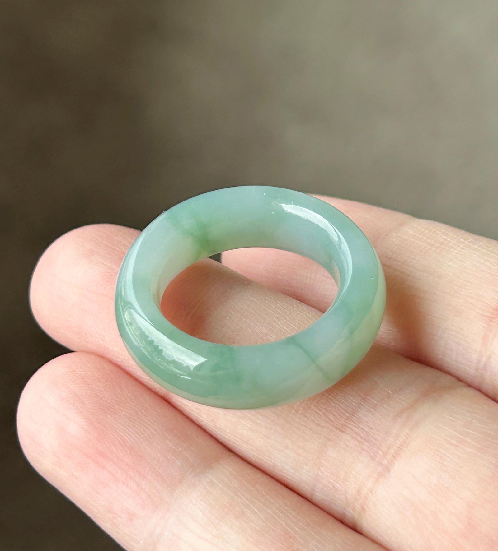 Certified Natural Jadeite Thick-Cut Ring Band – Burmese Type A Icy Translucent fine glutinous Teal Blue & Green Floral Jade, US 8