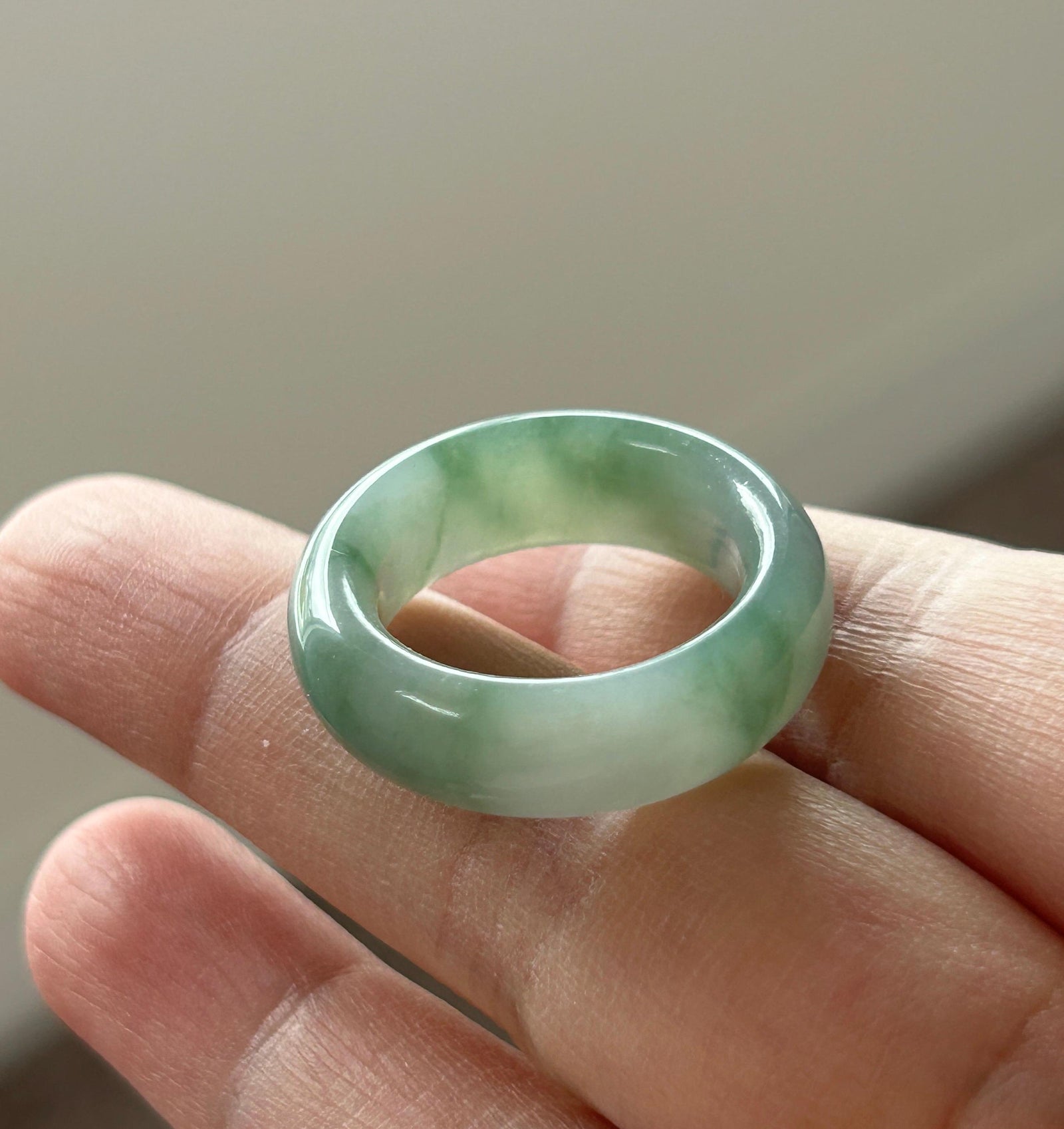 Certified Natural Jadeite Thick-Cut Ring Band – Burmese Type A Icy Translucent fine glutinous Teal Blue & Green Floral Jade, US 8