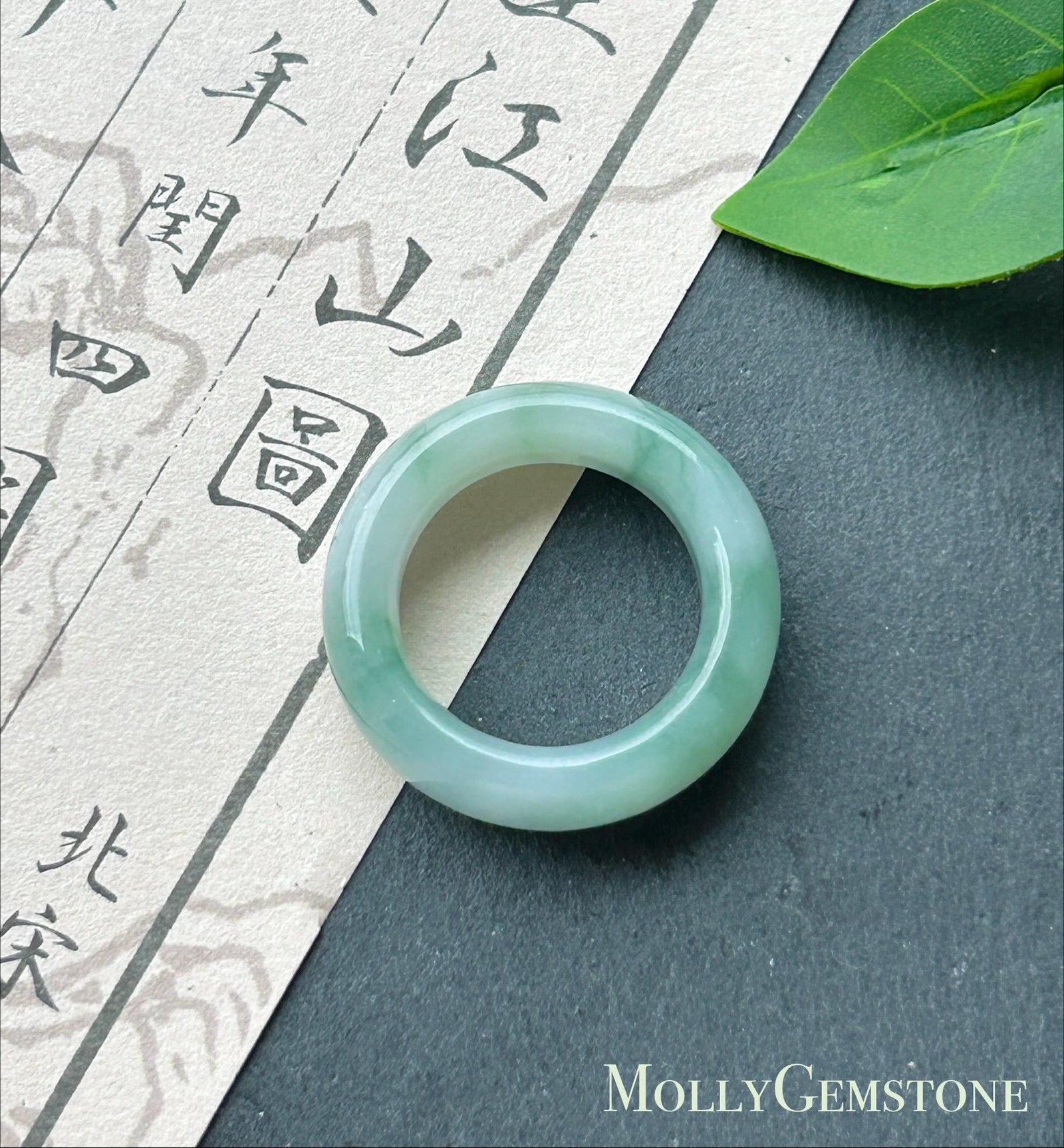 Certified Natural Jadeite Thick-Cut Ring Band – Burmese Type A Icy Translucent fine glutinous Teal Blue & Green Floral Jade, US 8