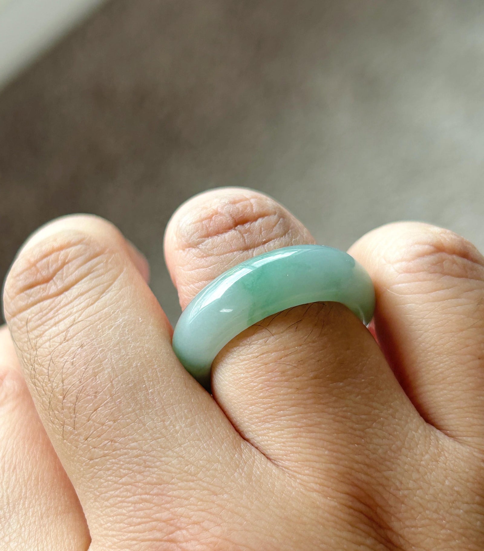 Certified Natural Jadeite Thick-Cut Ring Band – Burmese Type A Icy Translucent fine glutinous Teal Blue & Green Floral Jade, US 8