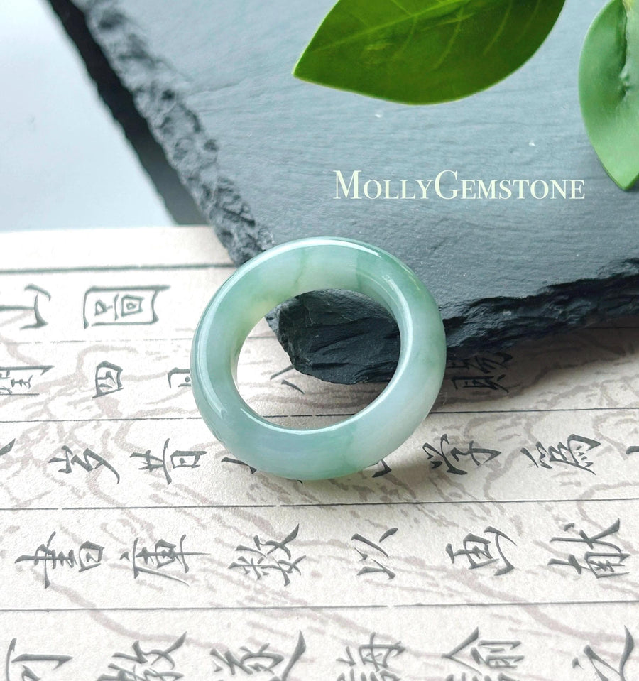 Certified Natural Jadeite Thick-Cut Ring Band – Burmese Type A Icy Translucent fine glutinous Teal Blue & Green Floral Jade, US 8