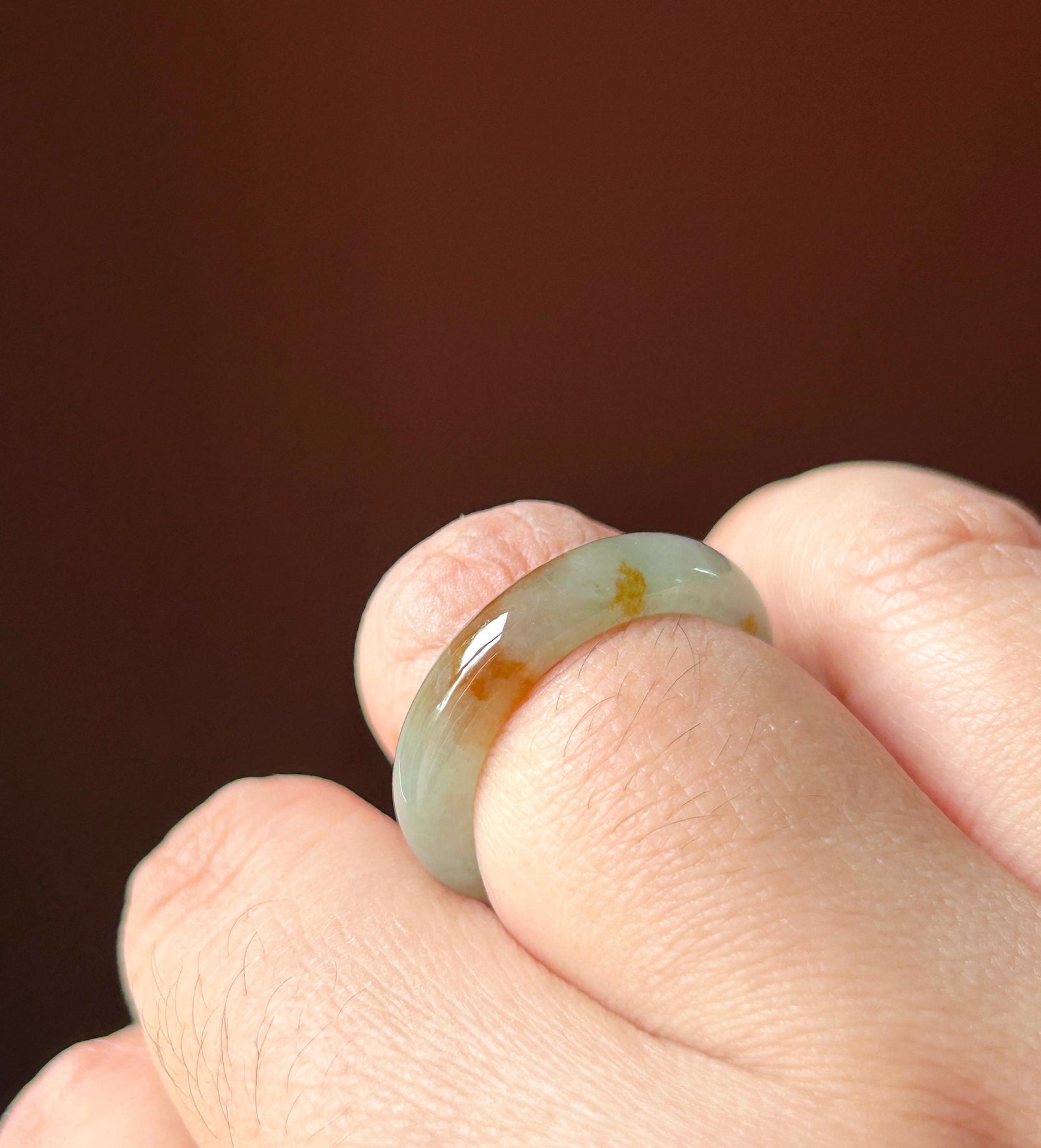 Natural Jadeite Ring Band – Burmese Type A fine glutinous Smoky Greyish Green & Red Floral Jade, US 7