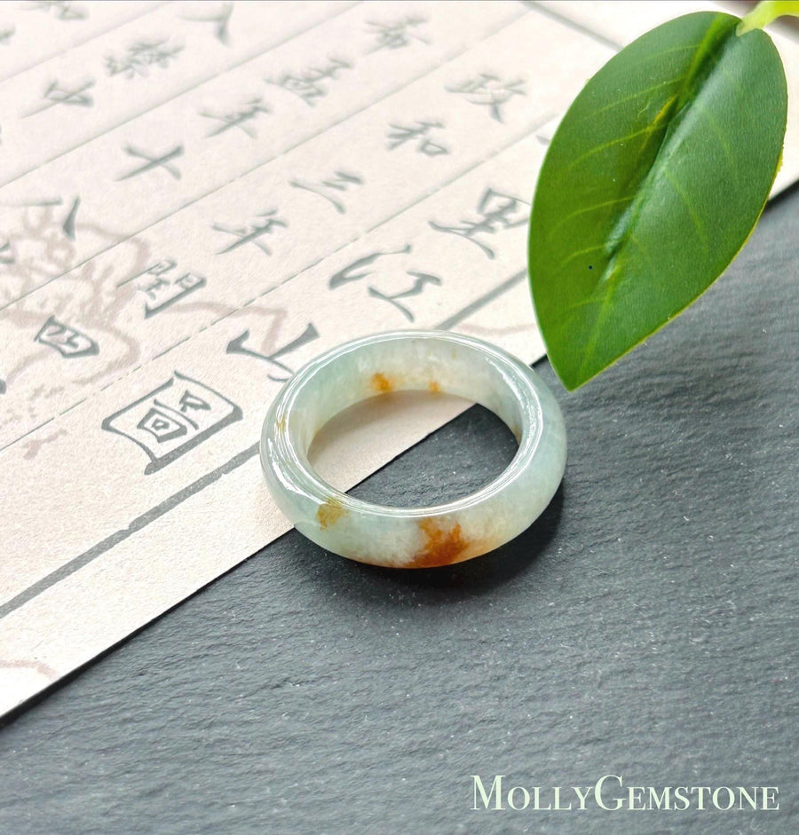 Natural Jadeite Ring Band – Burmese Type A fine glutinous Smoky Greyish Green & Red Floral Jade, US 7