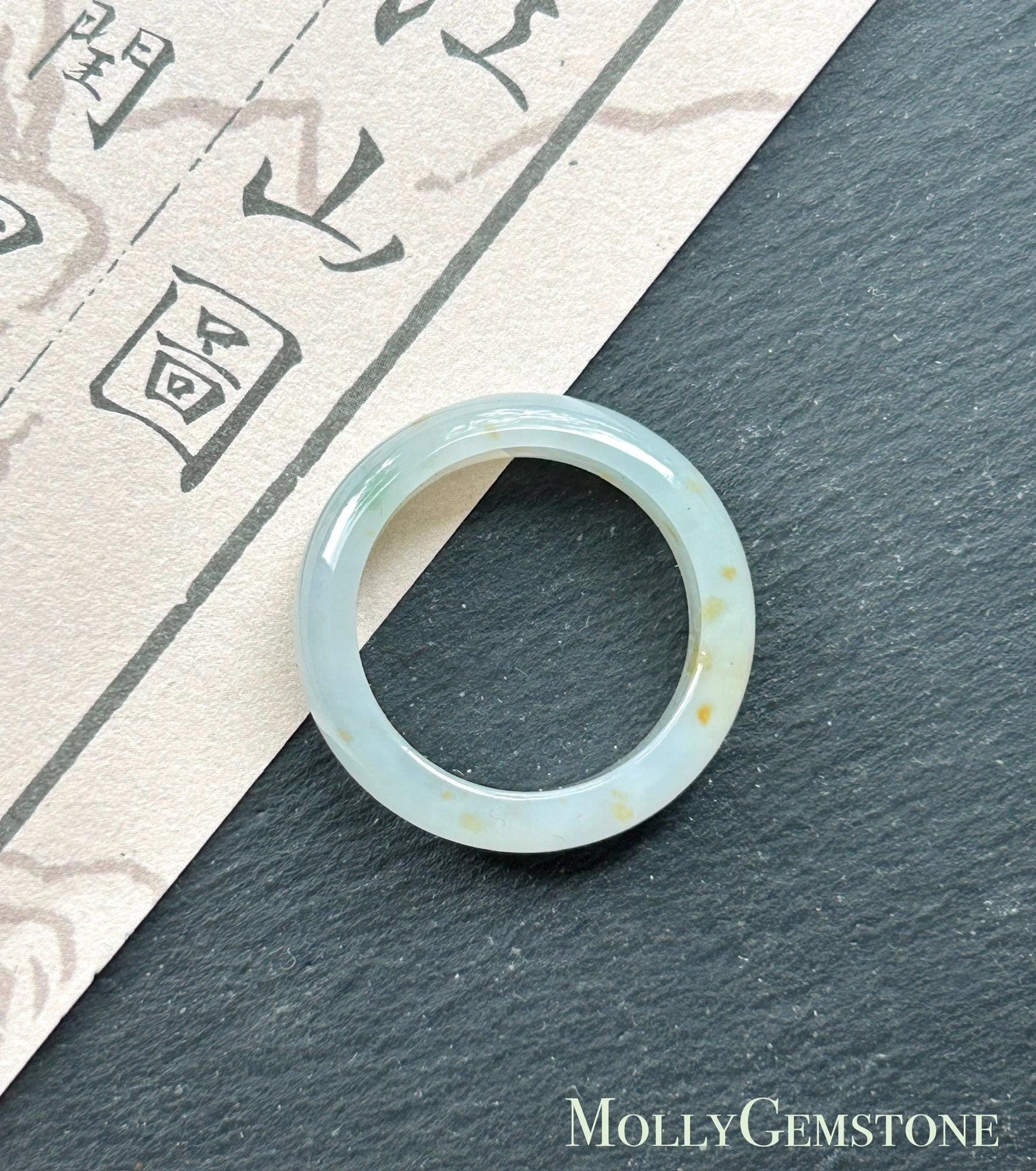Natural Jadeite Ring Band – Burmese Type A Translucent Icy Milky White Base with Green & Red Floral Jade, US 8