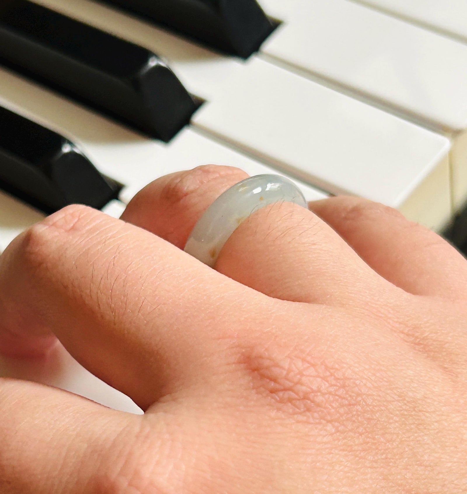 Natural Jadeite Ring Band – Burmese Type A Translucent Icy Milky White Base with Green & Red Floral Jade, US 8