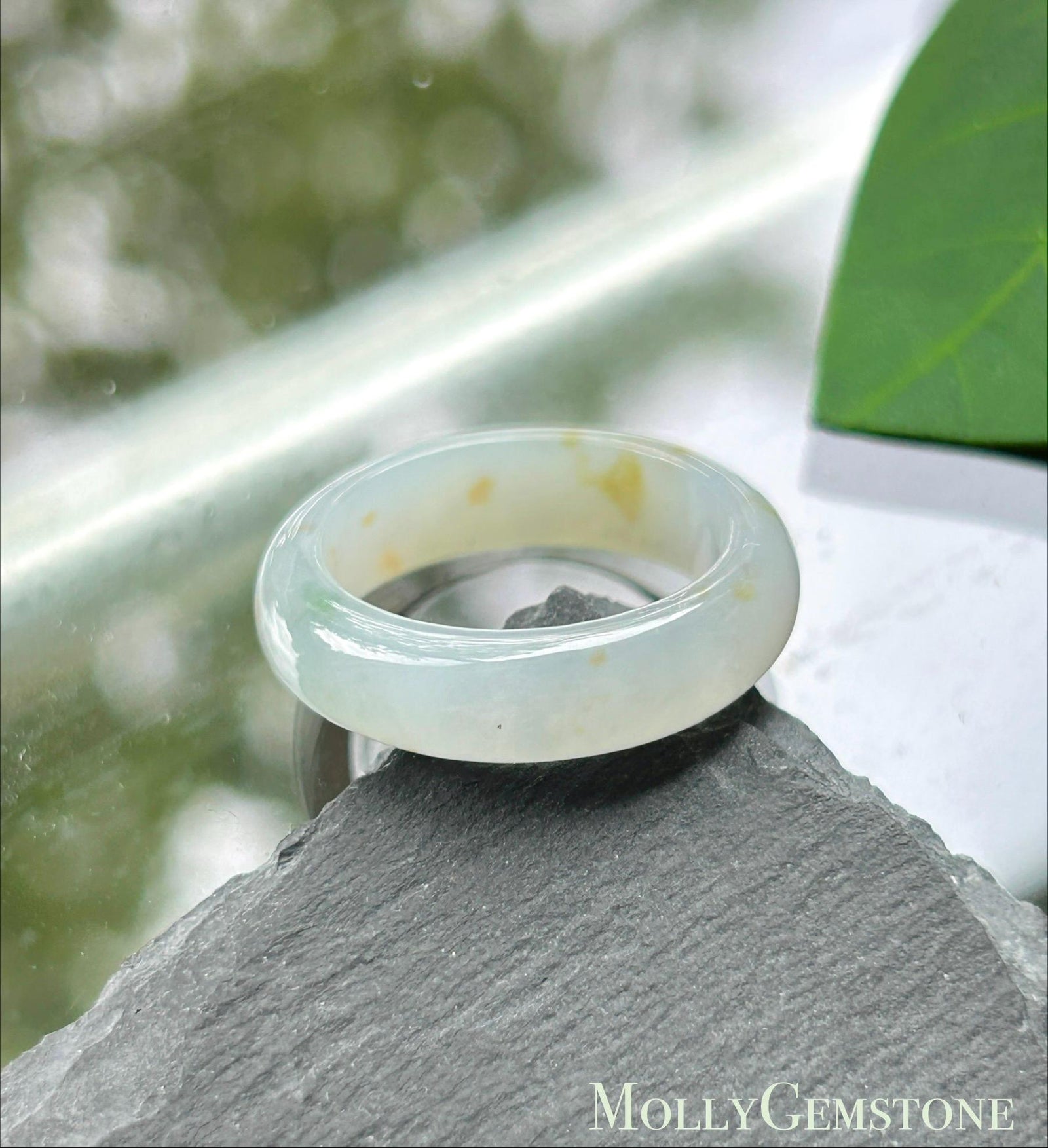 Natural Jadeite Ring Band – Burmese Type A Translucent Icy Milky White Base with Green & Red Floral Jade, US 8