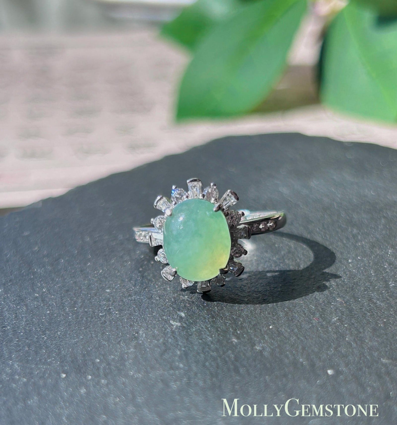 Certified Natural Jadeite Oval Cabochon Ring Burmese Type A fine glutinous Sweet Apple Green Jade | Sterling Silver| Adjustable Size