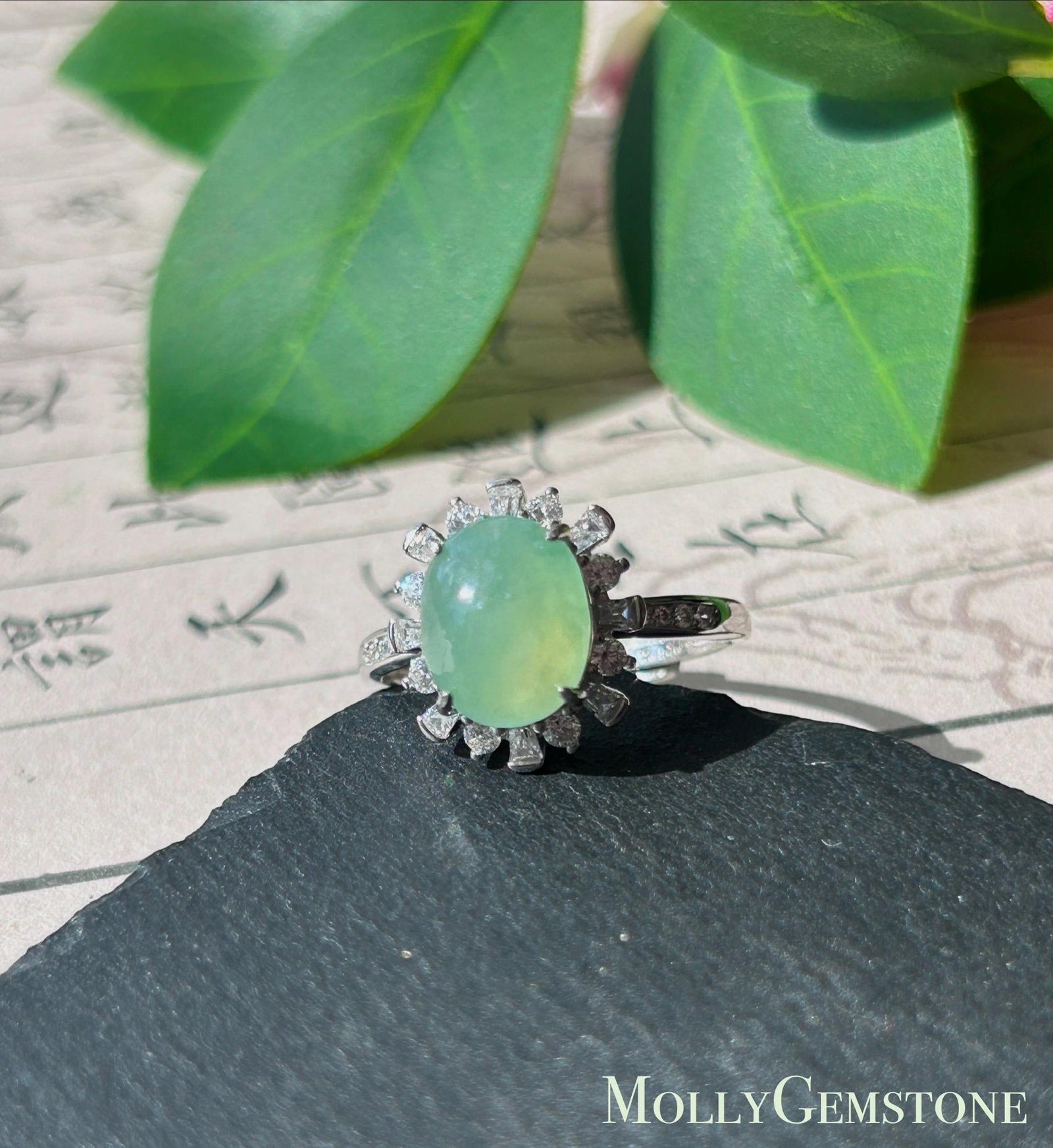Certified Natural Jadeite Oval Cabochon Ring Burmese Type A fine glutinous Sweet Apple Green Jade | Sterling Silver| Adjustable Size