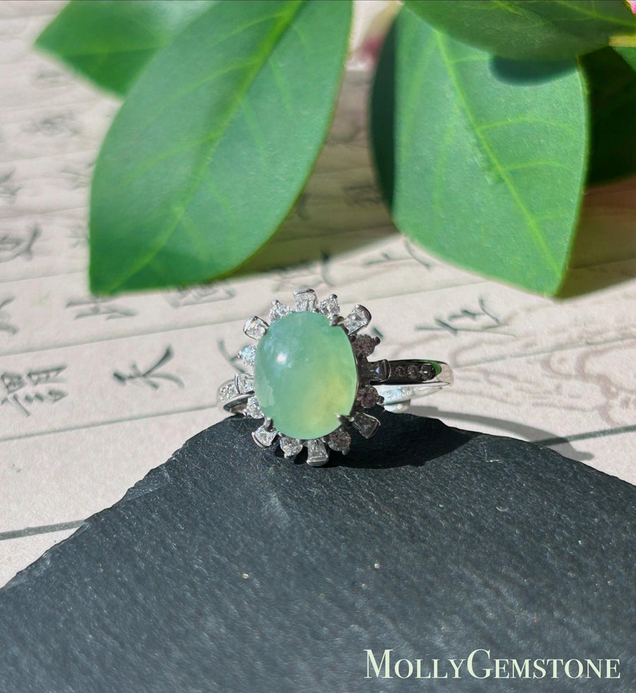Certified Natural Jadeite Oval Cabochon Ring Burmese Type A fine glutinous Sweet Apple Green Jade | Sterling Silver| Adjustable Size