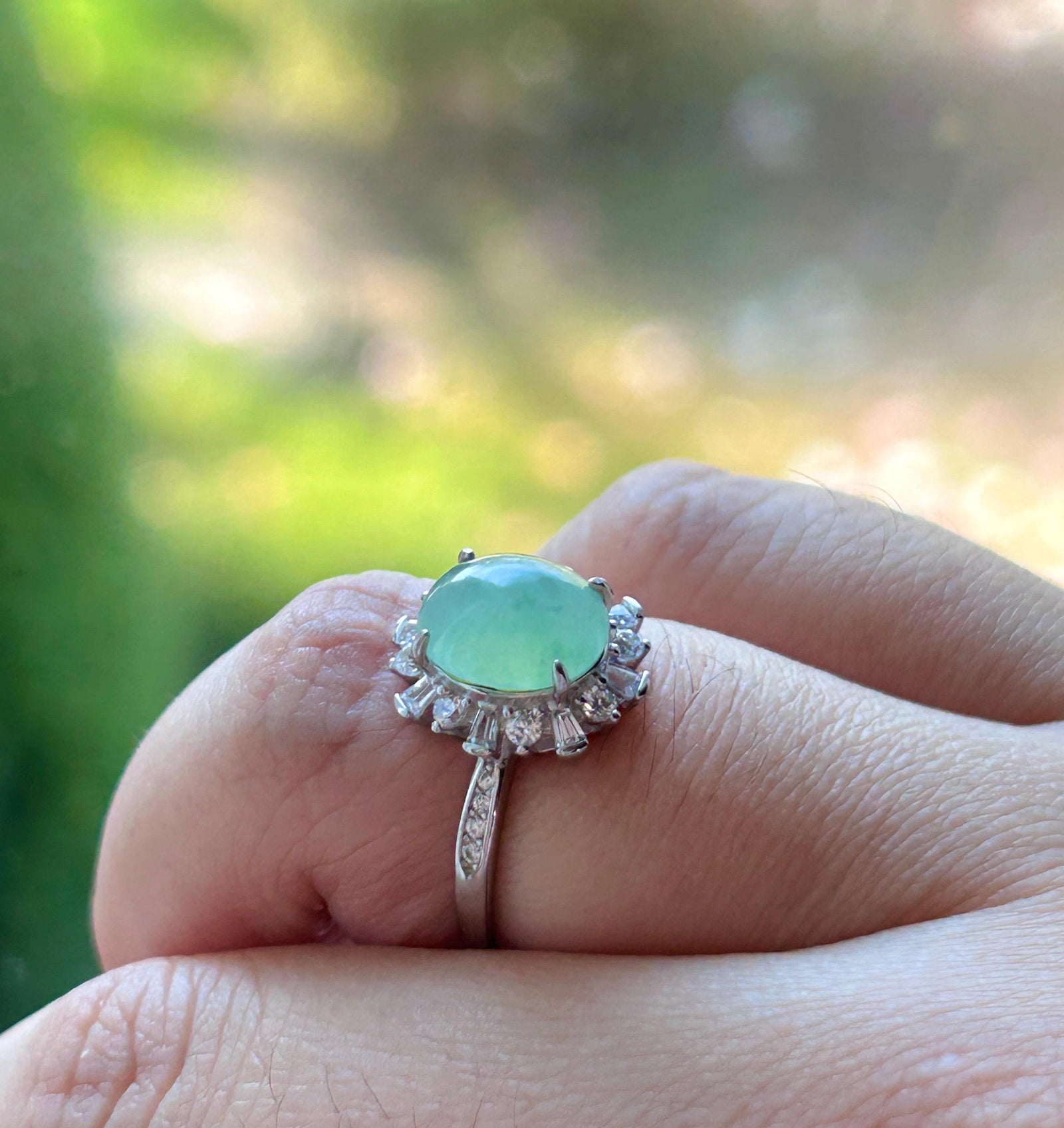 Certified Natural Jadeite Oval Cabochon Ring Burmese Type A fine glutinous Sweet Apple Green Jade | Sterling Silver| Adjustable Size