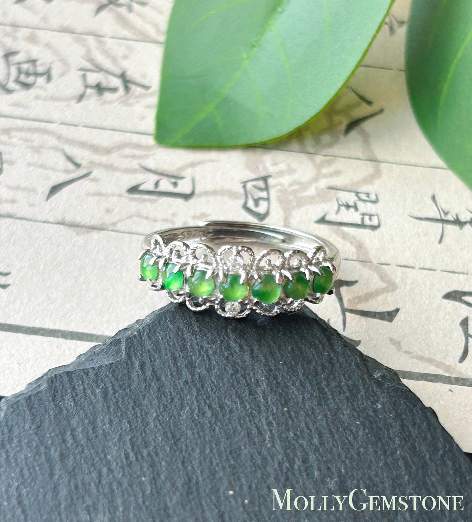 Certified Natural Jadeite Multi Cabochon Band Ring Burmese Type A Highly Translucent Icy Vivid Apple Green Jade Sterling Silver Adjustable
