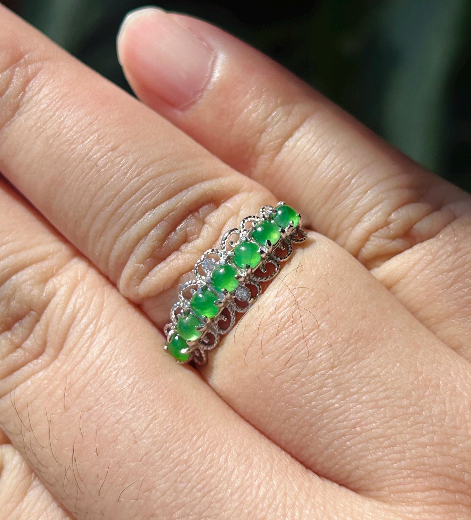 Certified Natural Jadeite Multi Cabochon Band Ring Burmese Type A Highly Translucent Icy Vivid Apple Green Jade Sterling Silver Adjustable