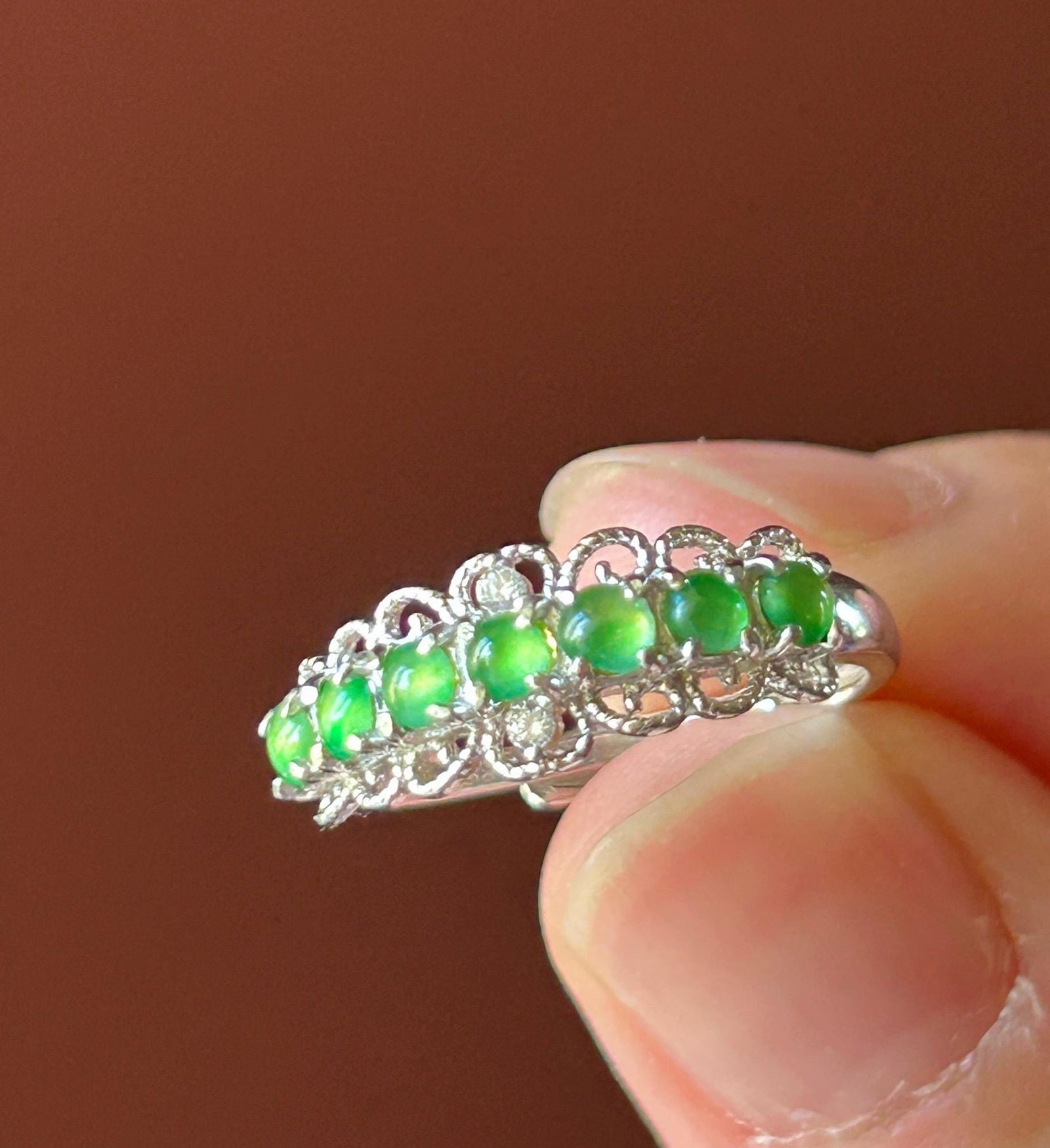 Certified Natural Jadeite Multi Cabochon Band Ring Burmese Type A Highly Translucent Icy Vivid Apple Green Jade Sterling Silver Adjustable