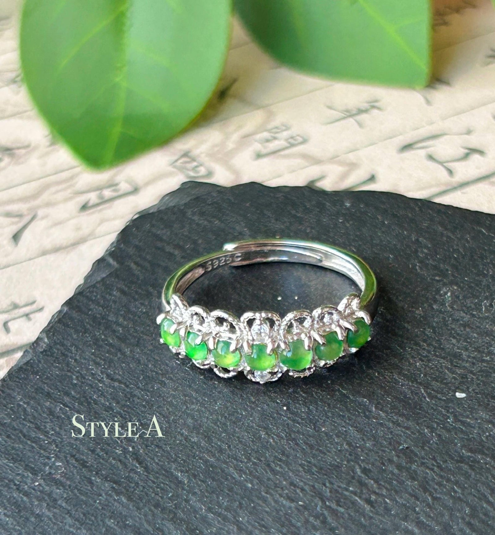 Certified Natural Jadeite Multi Cabochon Band Ring Burmese Type A Highly Translucent Icy Vivid Apple Green Jade Sterling Silver Adjustable