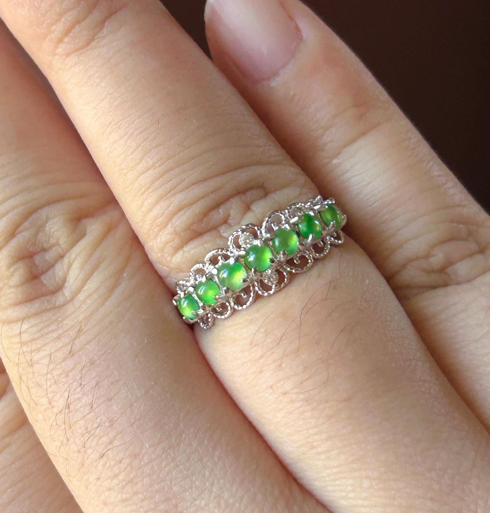 Certified Natural Jadeite Multi Cabochon Band Ring Burmese Type A Highly Translucent Icy Vivid Apple Green Jade Sterling Silver Adjustable